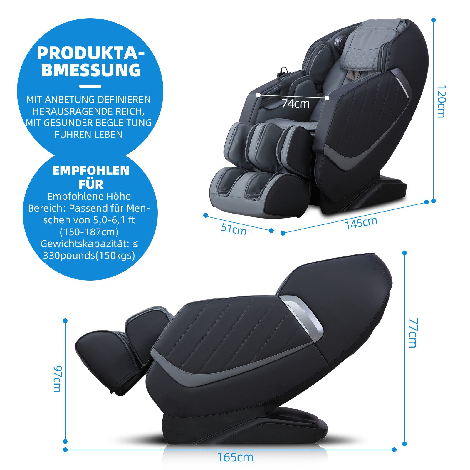 Ein Massagesessel mit angegebenen Maßen, Abmessungen in cm, mit einem schwarz-grauen Design.