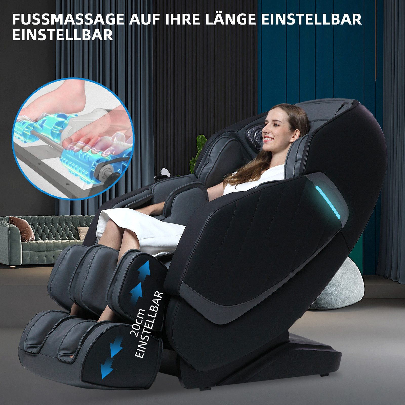 Frau sitzt in schwarzem Massagesessel. Fußmassage, verstellbar.