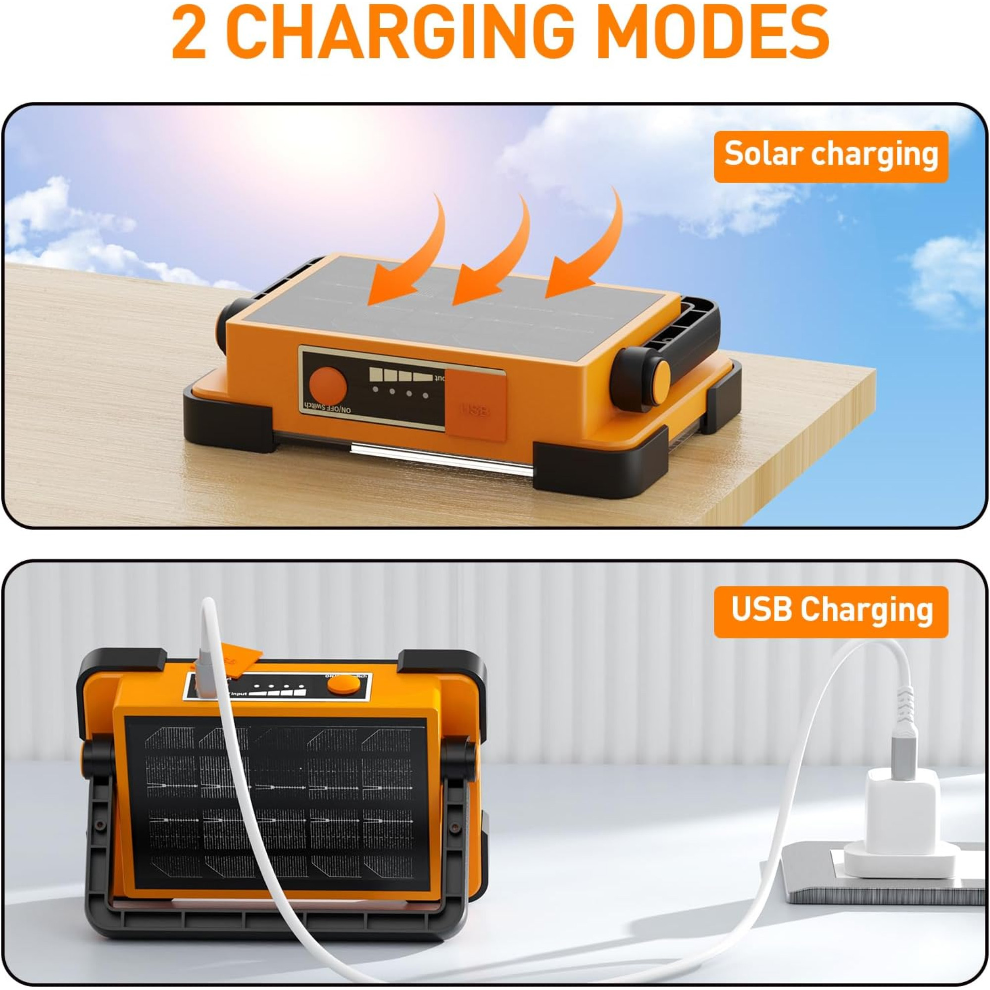 Zwei Bilder einer orangefarbenen Arbeitsleuchte mit Solar- und USB-Ladung.