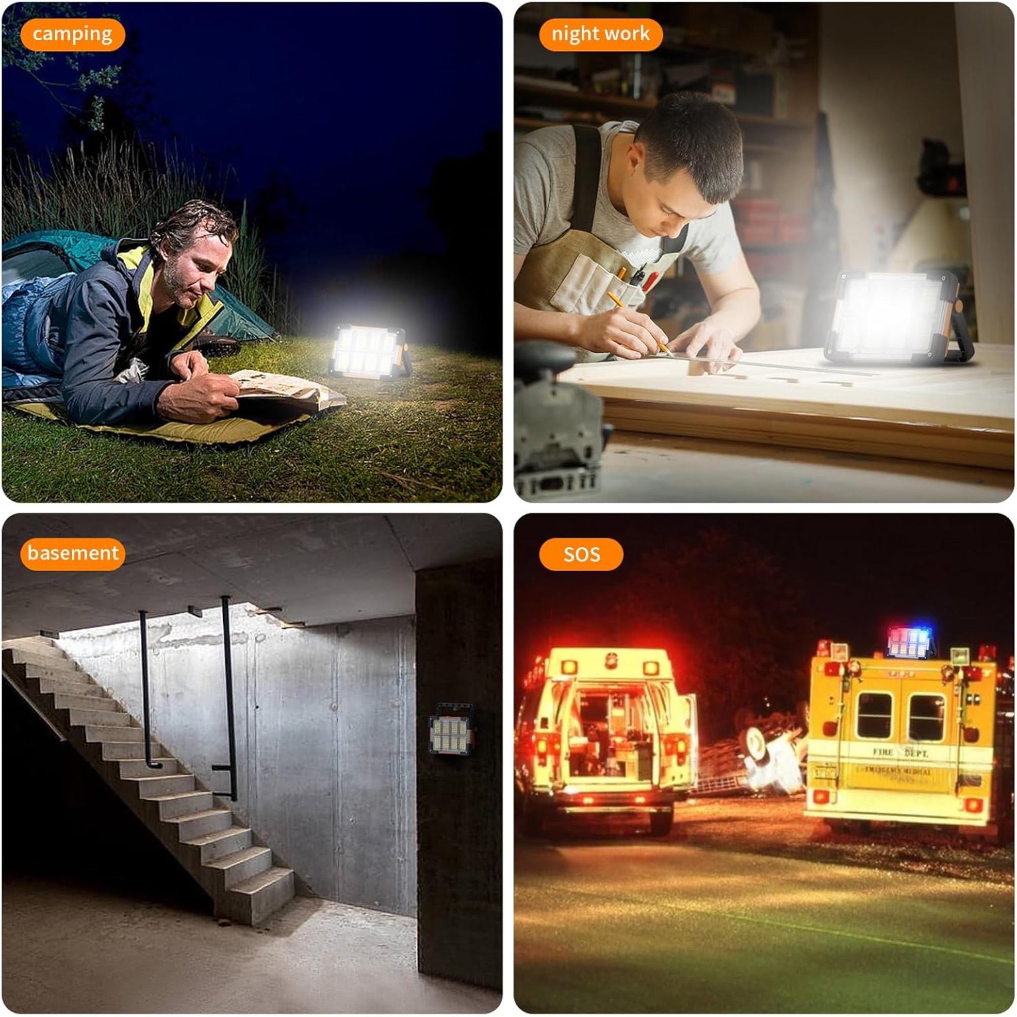 Vier Szenen der Verwendung einer tragbaren Leuchte: Camping, Nachtarbeit, Keller und SOS.