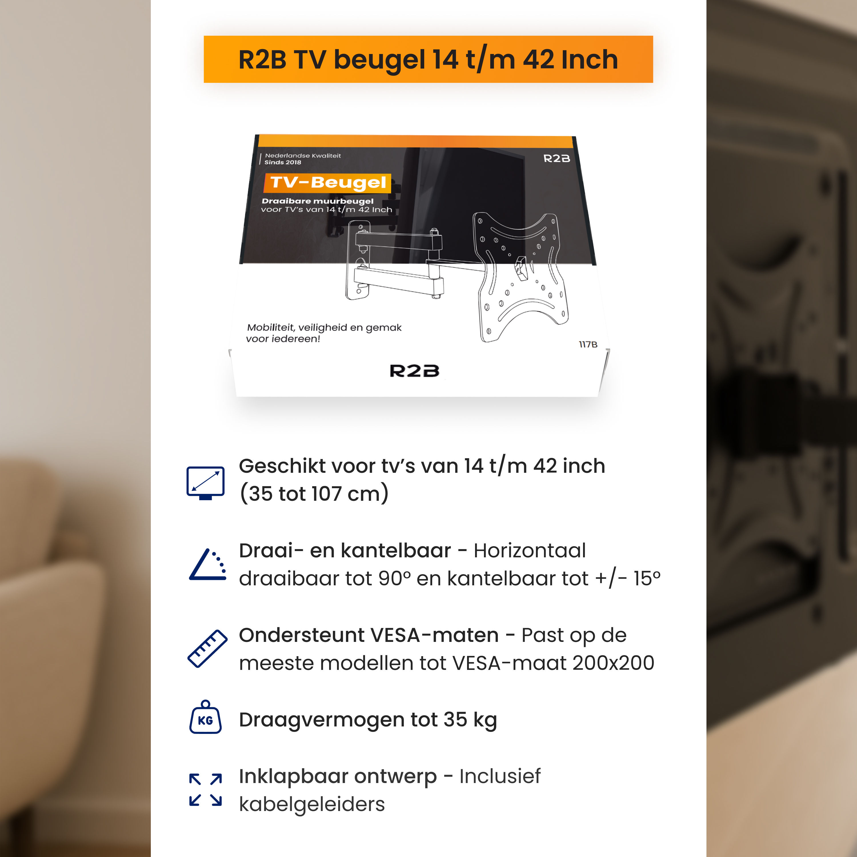 Une boîte de produit avec du texte sur un support de télévision, avec des schémas et du texte sur les caractéristiques du produit.