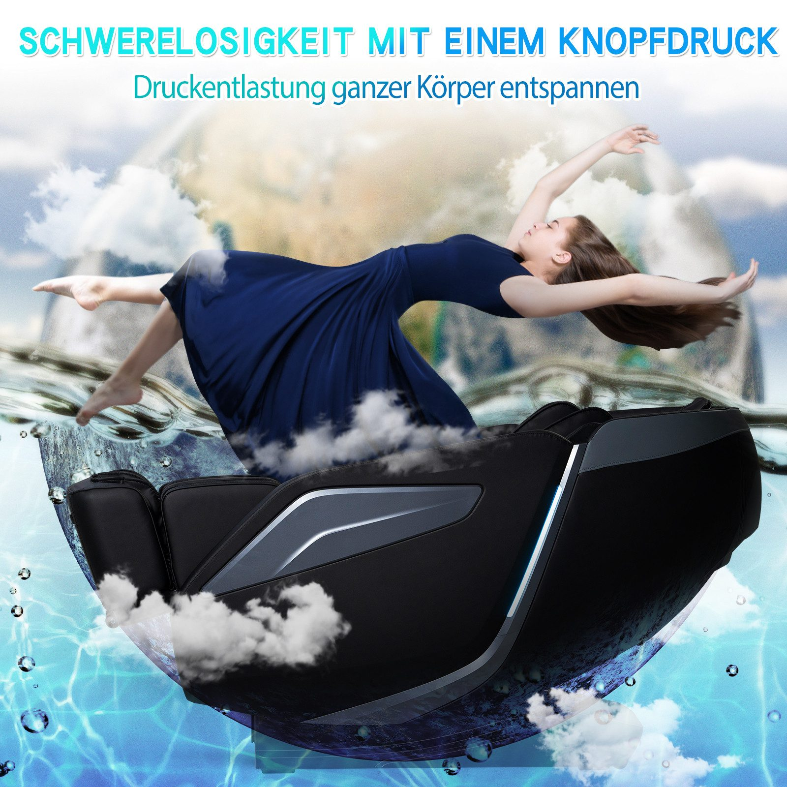 Eine Frau in blauem Kleid schwebt über einem Massagesessel in einer wasserähnlichen Umgebung.