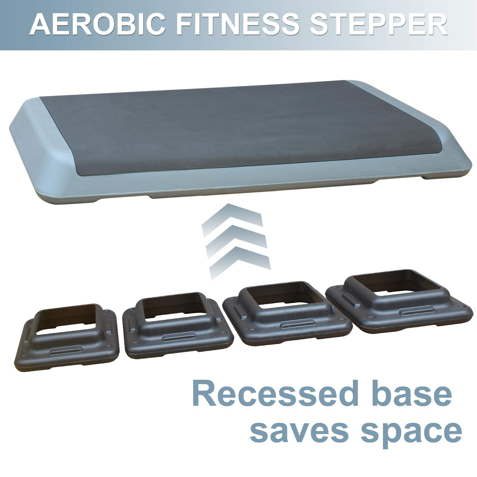 Ein grauer Aerobic-Fitness-Stepper mit vier schwarzen Erhöhungen und einem Pfeil, der ihre Verwendung zeigt.