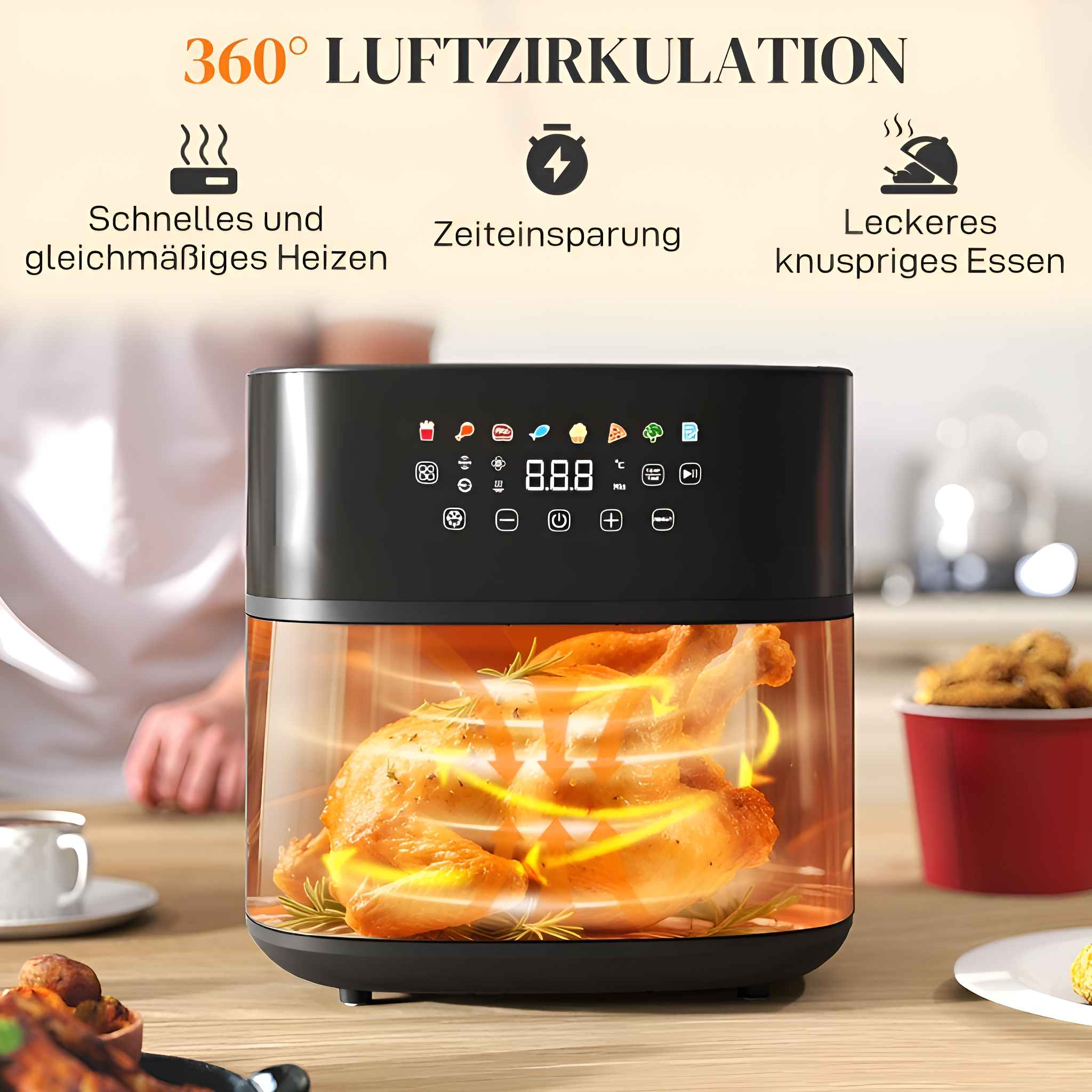 Heißluftfritteuse, die ein Huhn zubereitet. Weißer Hintergrund mit Text über die Funktionen.