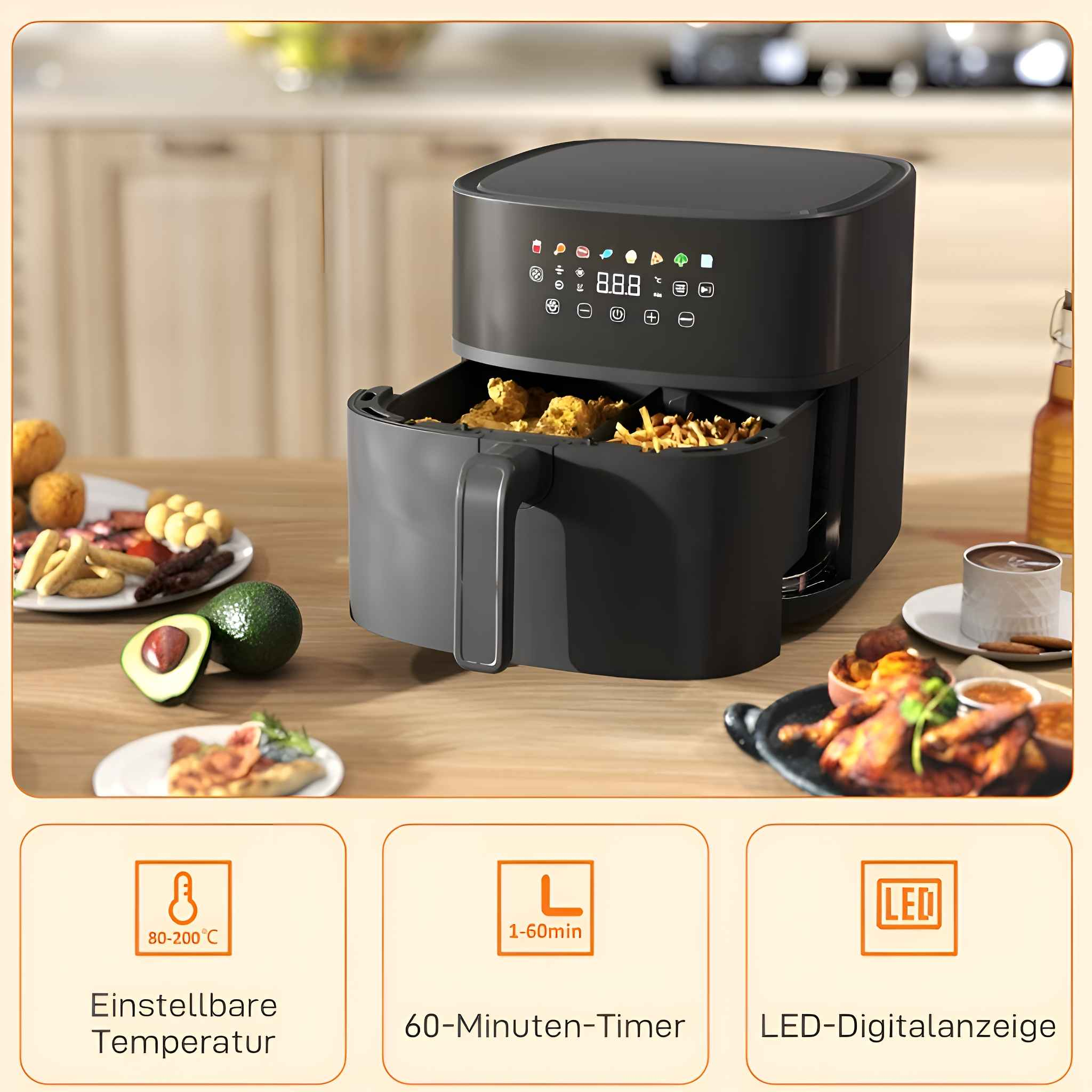 Schwarze Heißluftfritteuse mit Essen darin und auf einem Tisch mit Essen. Text auf der Maschine lautet: Einstellbare Temperatur.