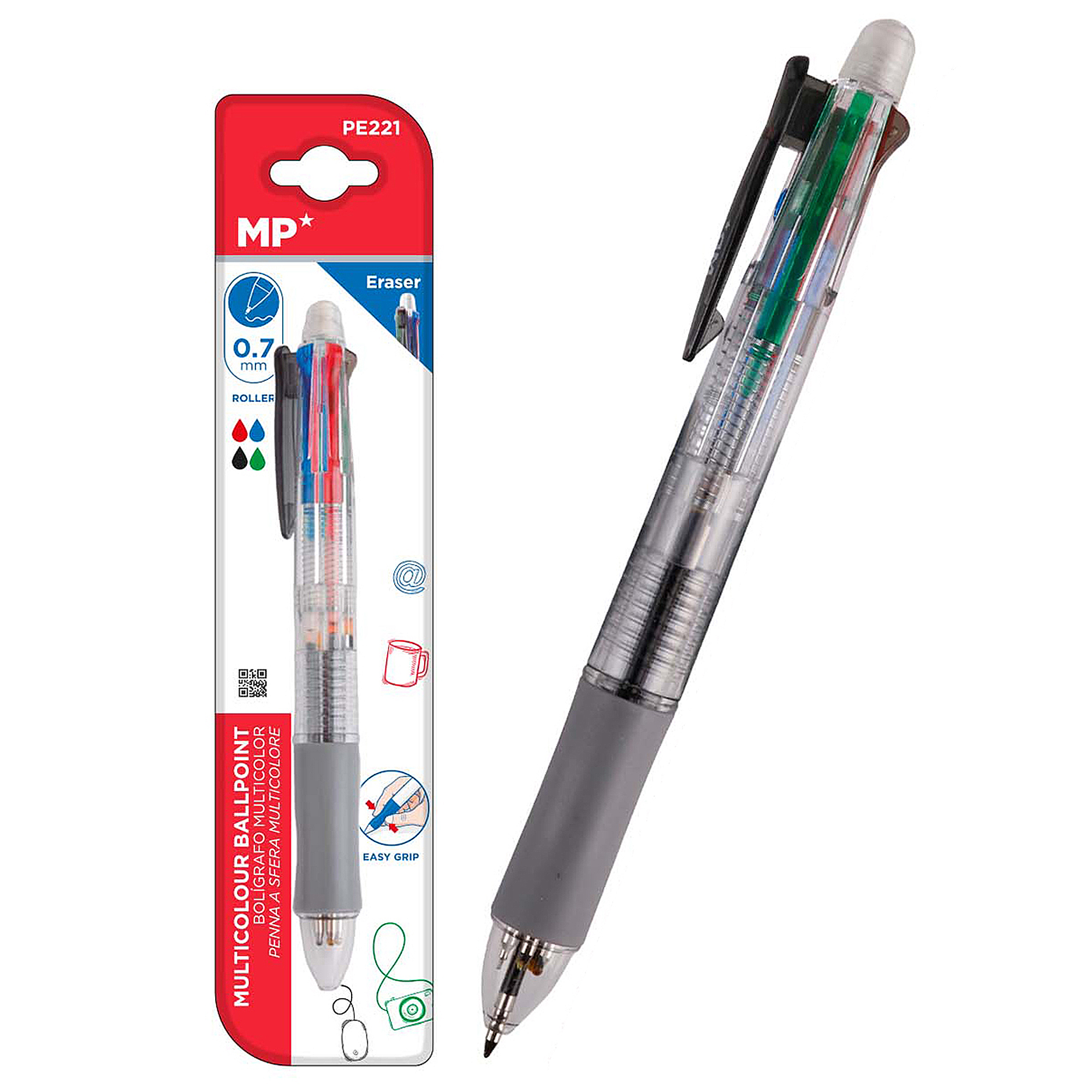Ein Mehrfarben-Kugelschreiber in Verpackung und ein einzelner Stift, mit transparentem Körper.