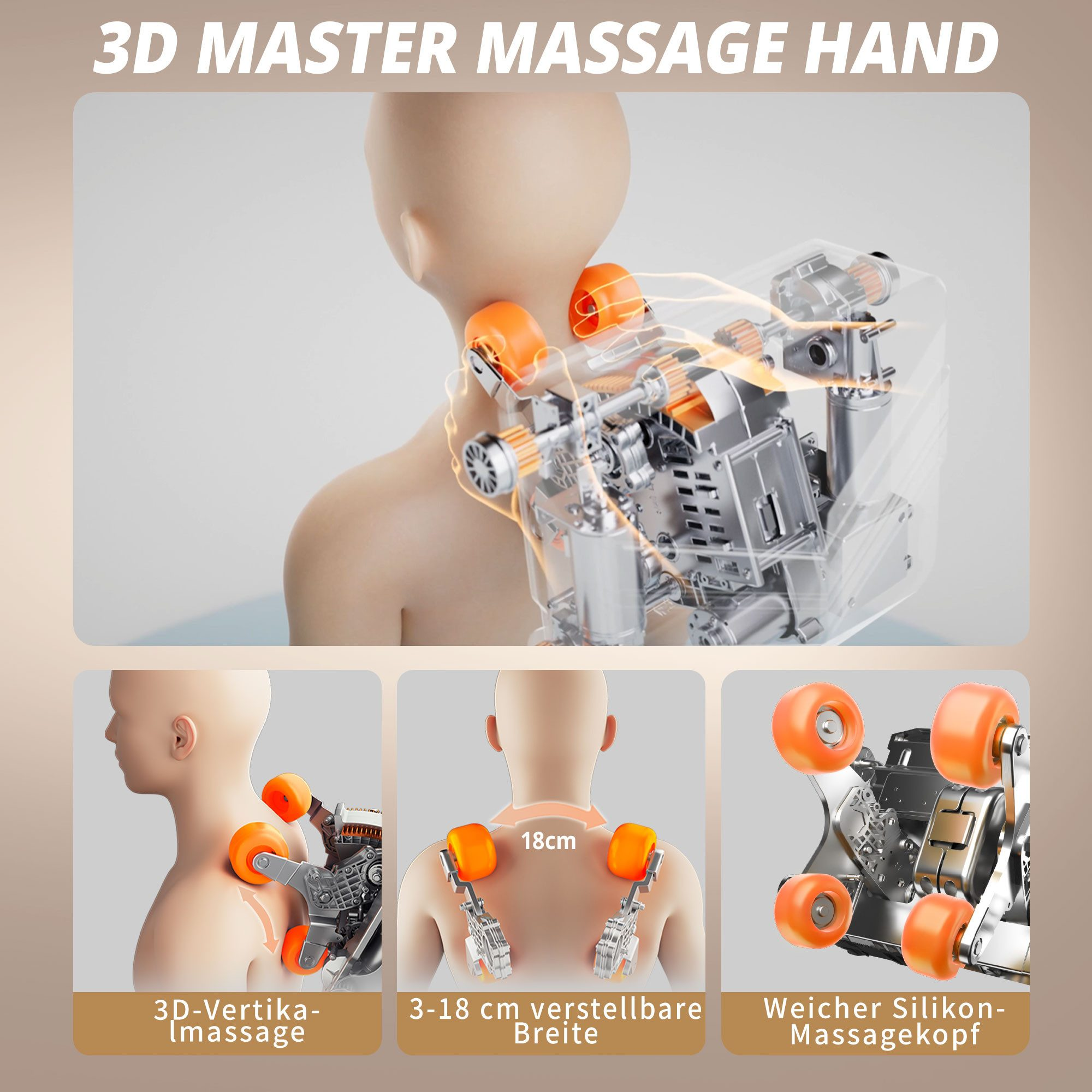 Bild mit Details zu einem 3D-Massagehandgerät, mit Nahaufnahmen und Diagrammen.