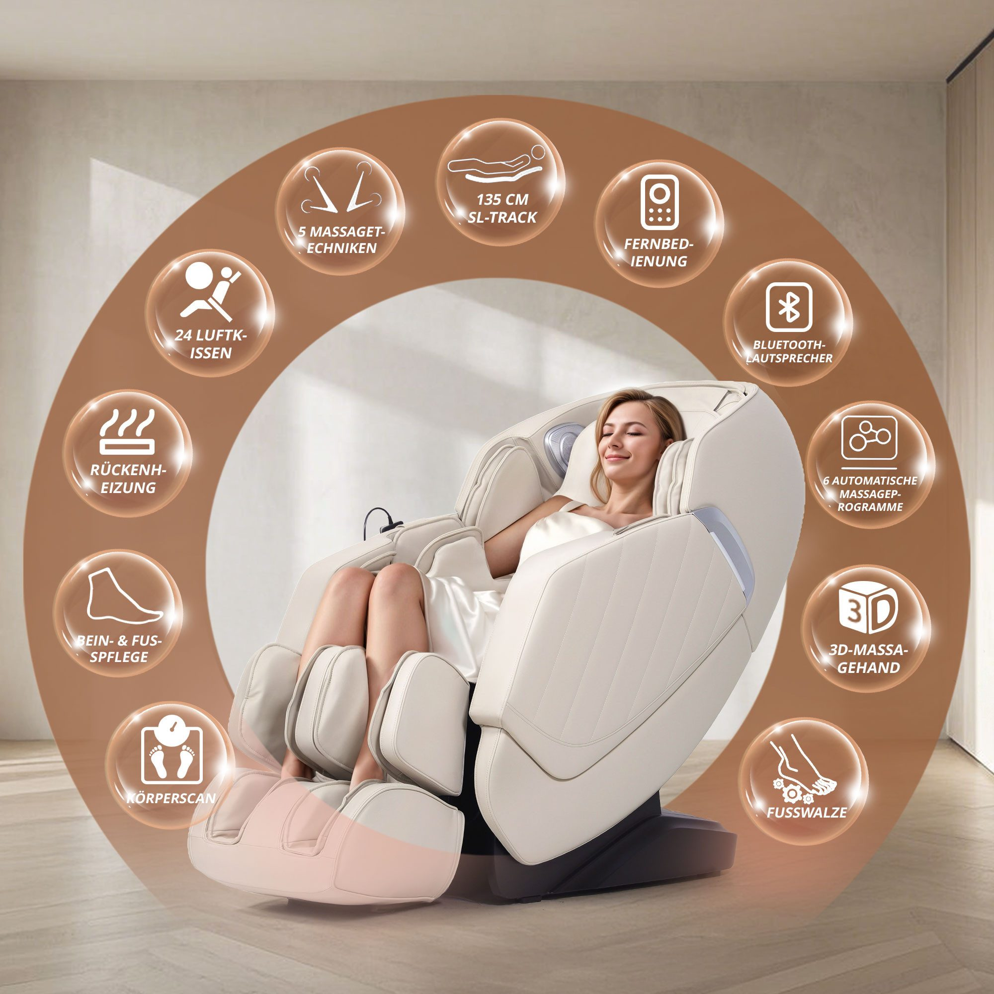 Eine Frau entspannt sich in einem Massagesessel, umgeben von Symbolen für Massagefunktionen.