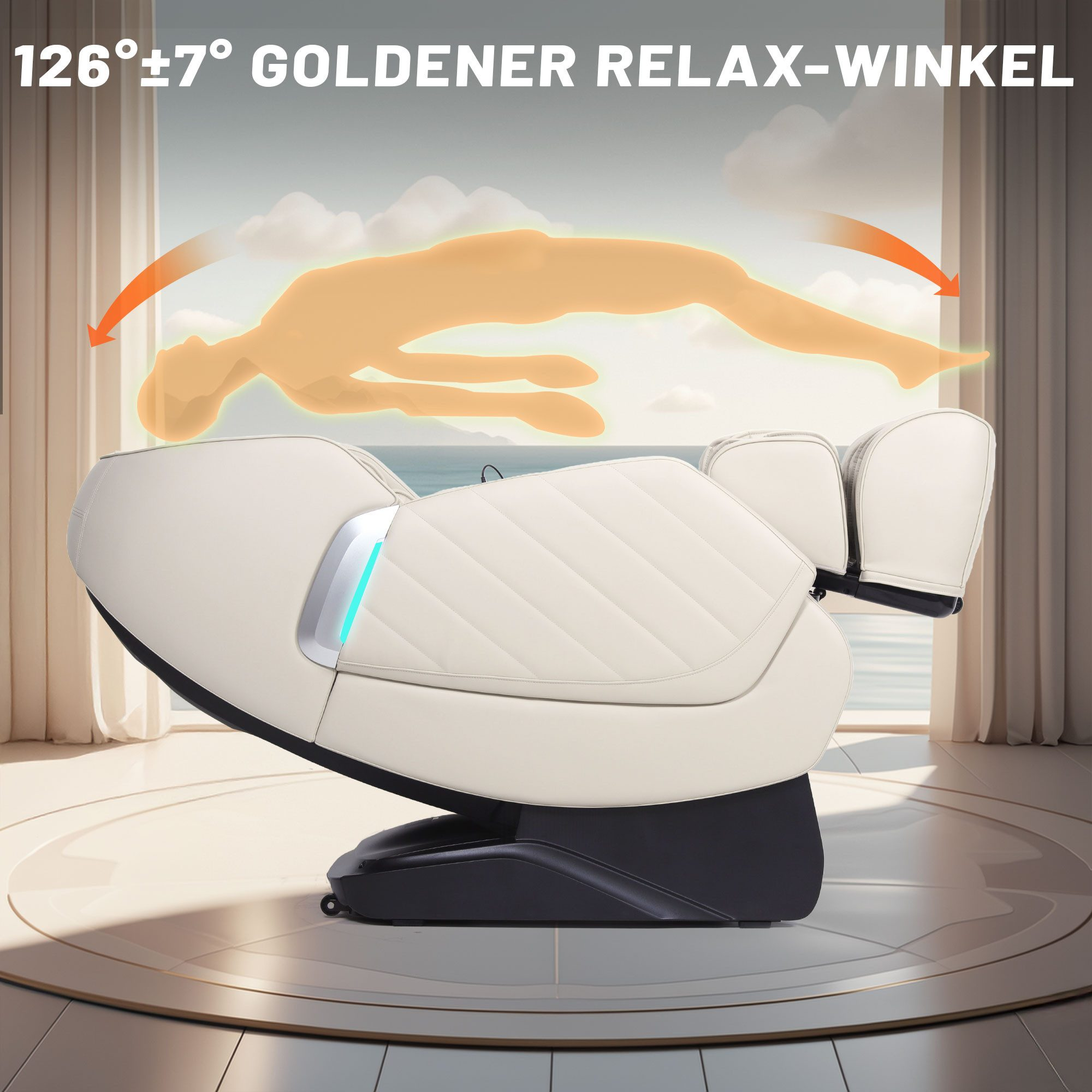 Ein Massagesessel, der mit einer Figur zurückgelehnt ist, die den goldenen Entspannungswinkel hervorhebt.