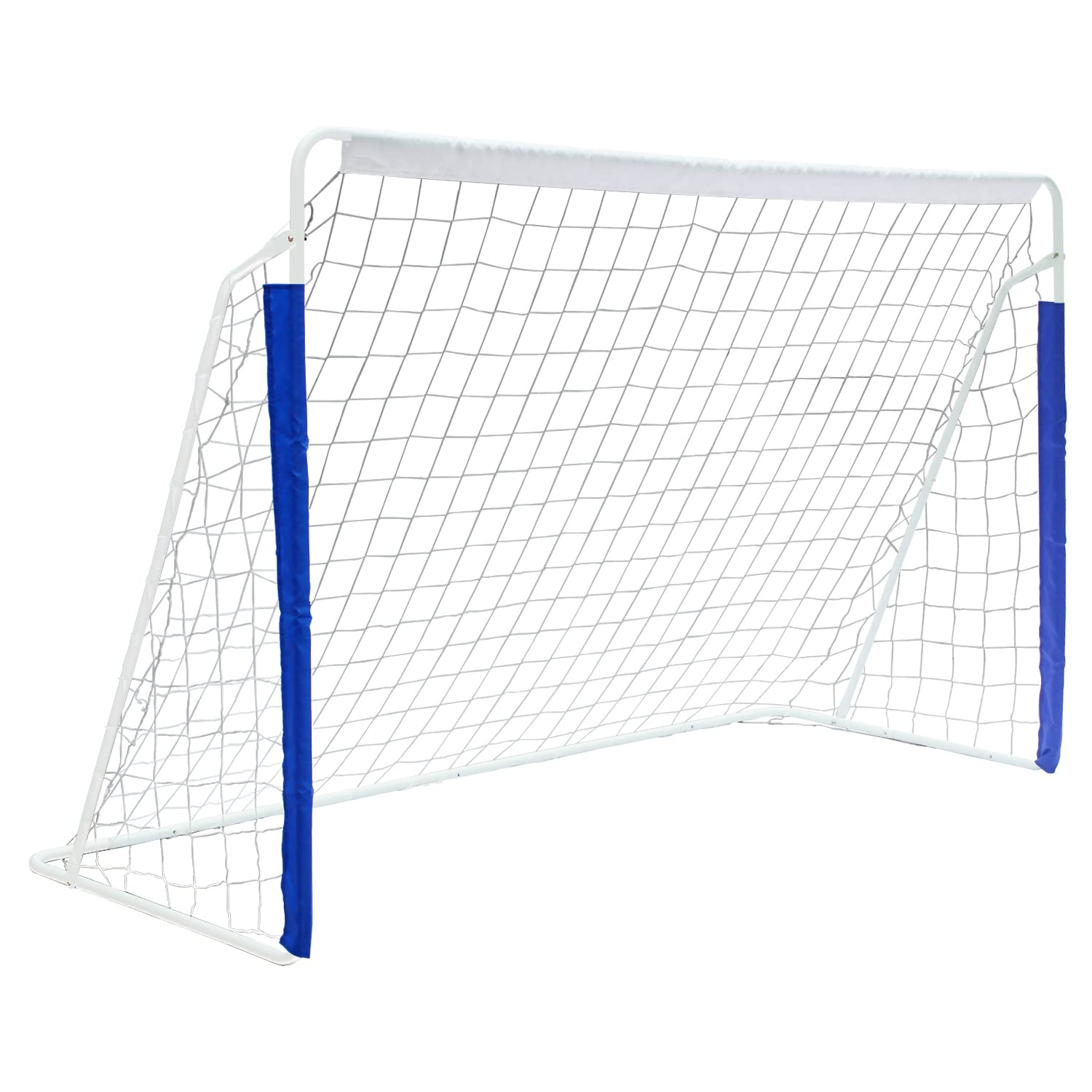 Ein weißes Fußballtor mit weißem Netz und blauen Seitenstützen. Das Tor steht auf weißem Hintergrund.