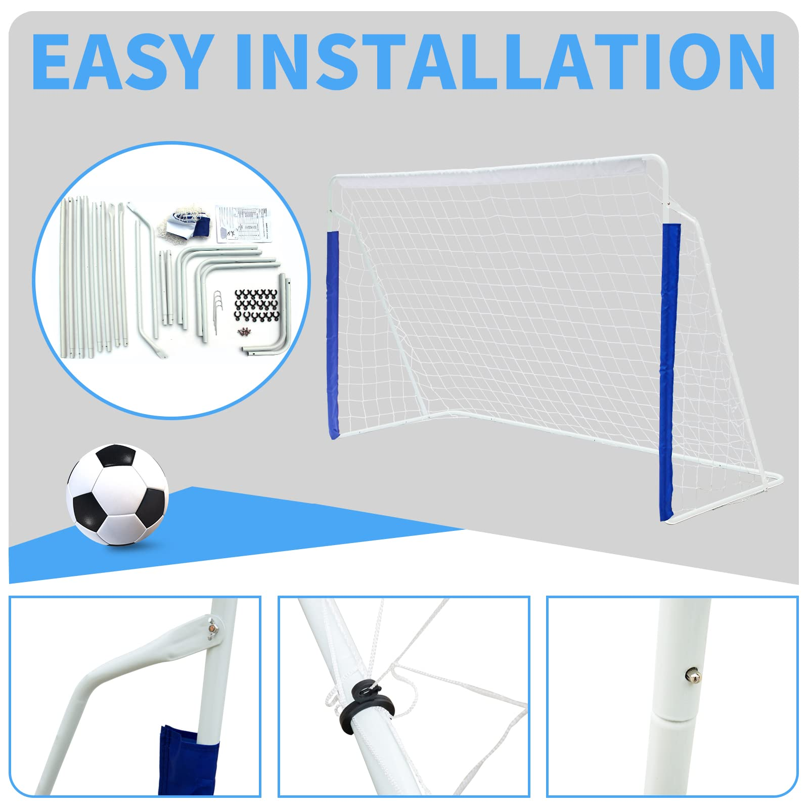 Ein Fußballtor mit blauen Akzenten und einem Fußball sowie Bilder mit Installationsdetails.
