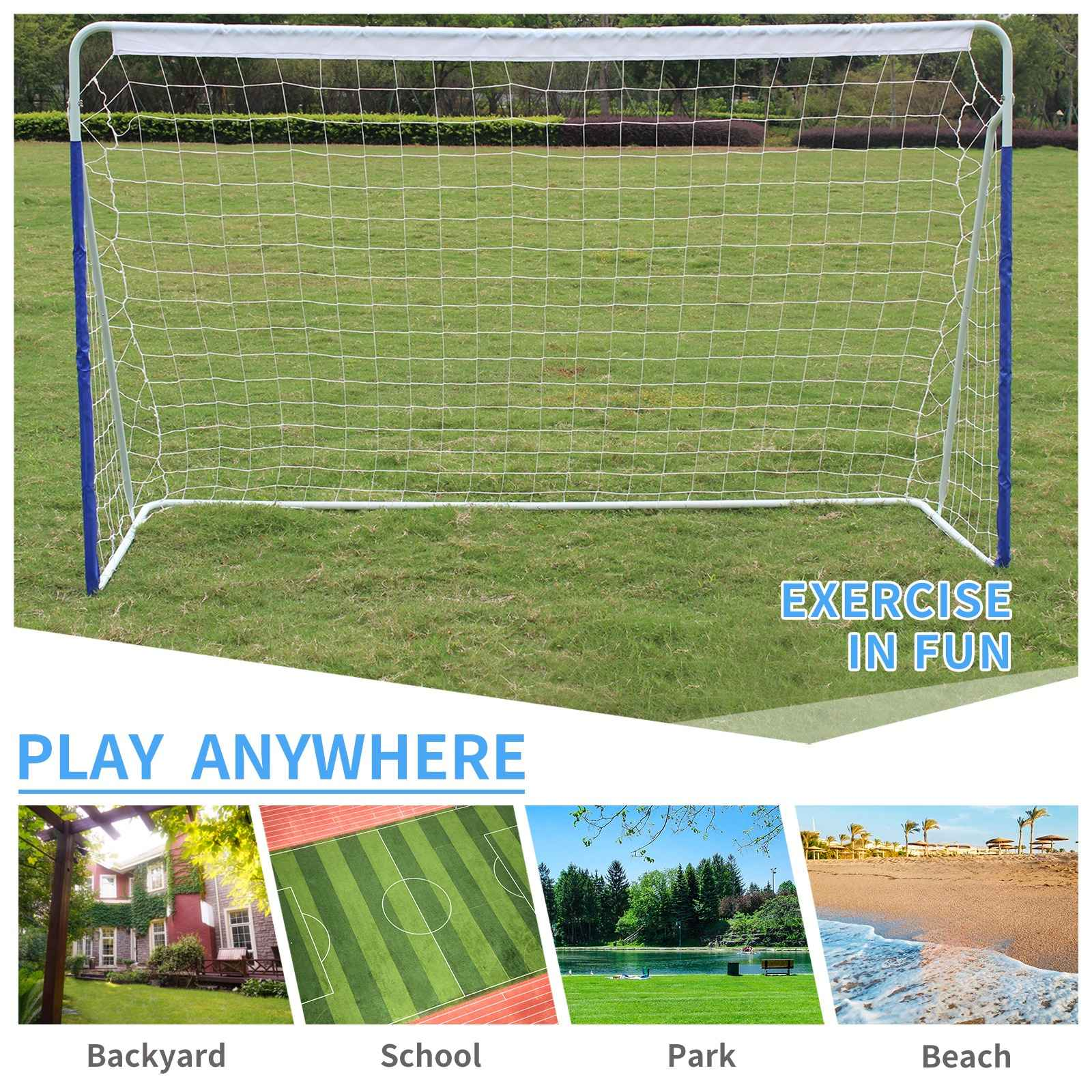 Ein Fußballtor auf grünem Gras mit Ansichten von Hinterhof, Schule, Park und Strand. Text-Overlay lautet 'Play Anywhere'.