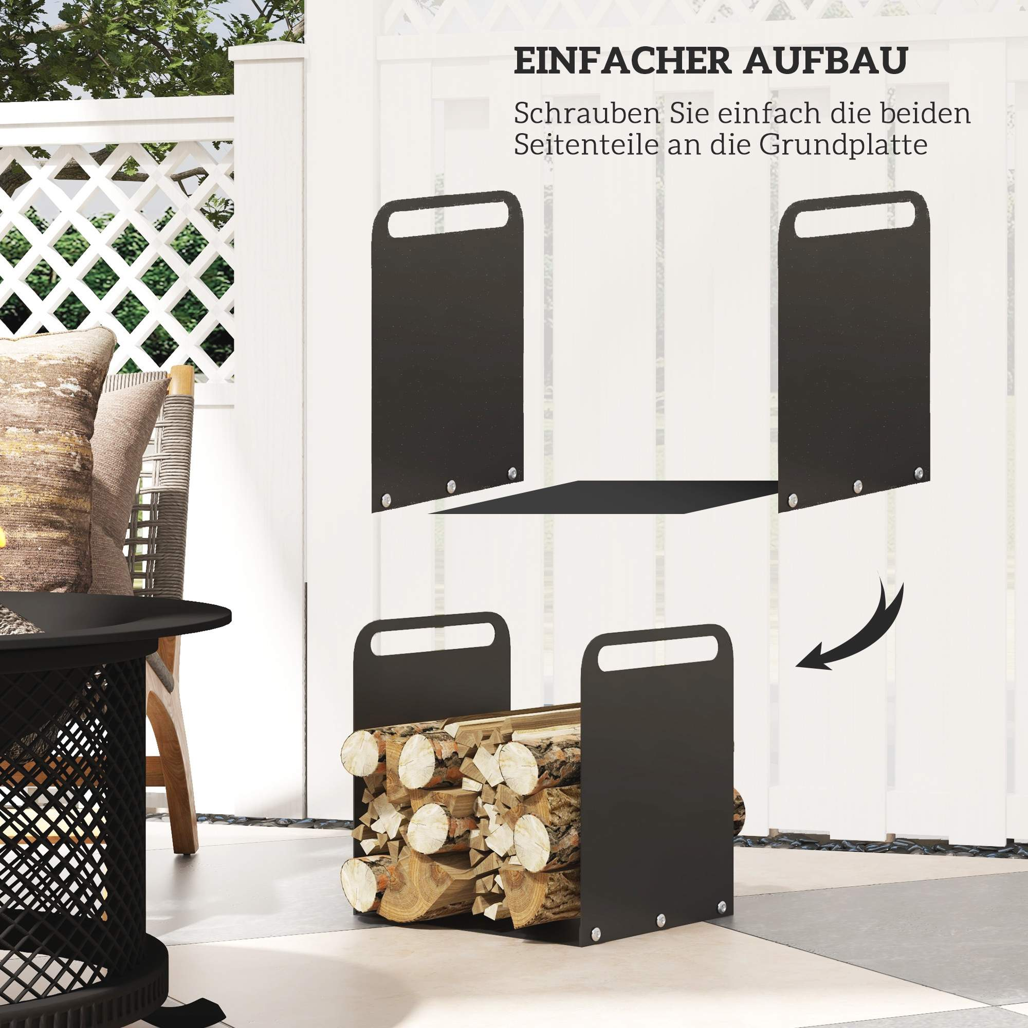 Schwarzer Metall-Holzhalter, mit Explosionszeichnung der Montage, mit Holz.
