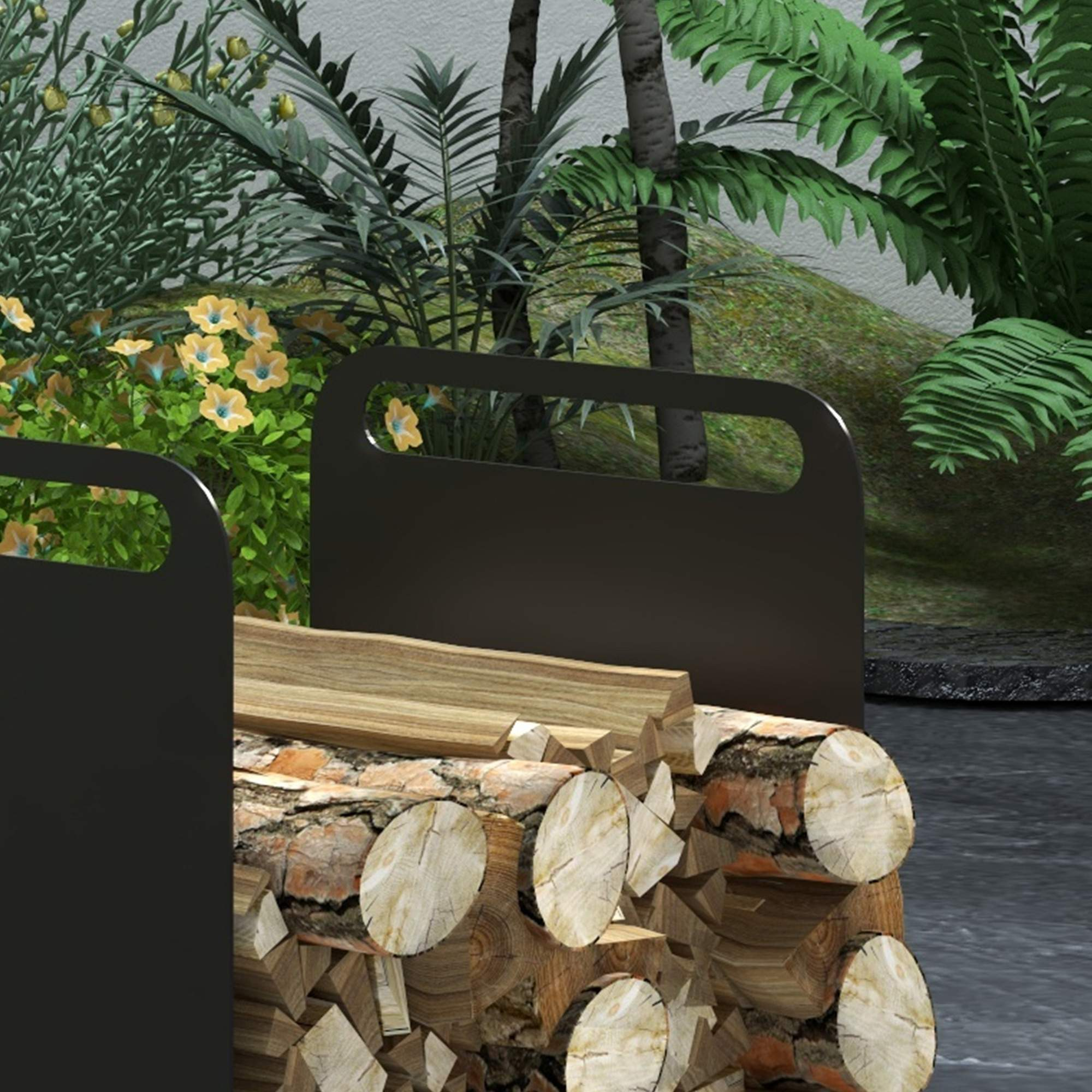 Holzscheite zwischen schwarzen Metallstützen, mit üppigen grünen Pflanzen im Hintergrund.
