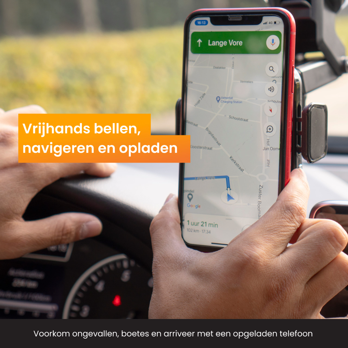 Ein Telefon zeigt eine Navigationskarte in einem Auto, montiert an einem Halter. Das Telefon ist rot und schwarz.