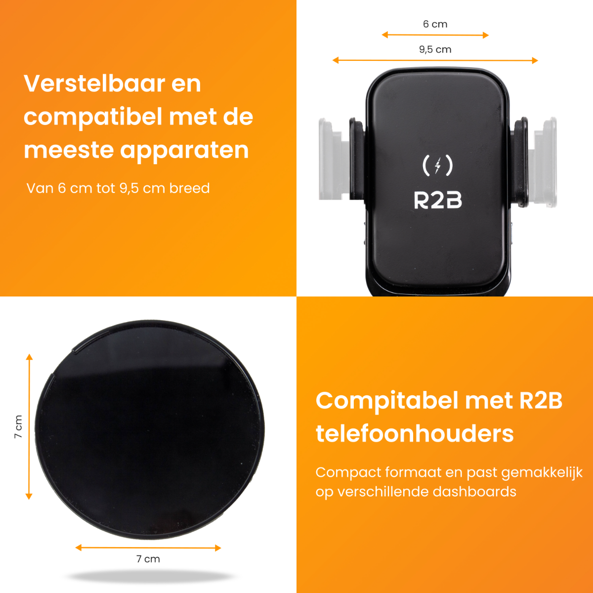Autotelefonhalter mit Abmessungen und Text. Zeigt eine schwarze Scheibe und die Telefonhalterung.