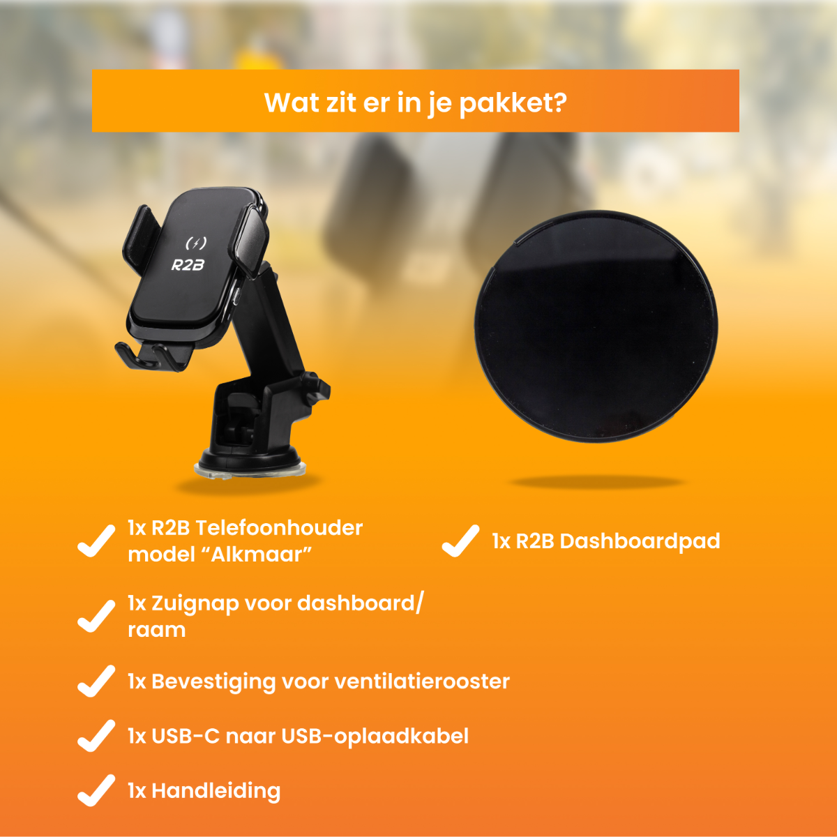 Ein Paket mit einem Telefonhalter, einem Armaturenbrett-Pad, einem Saugnapf, einer Lüfterhalterung, einem USB-Kabel und einem Handbuch.