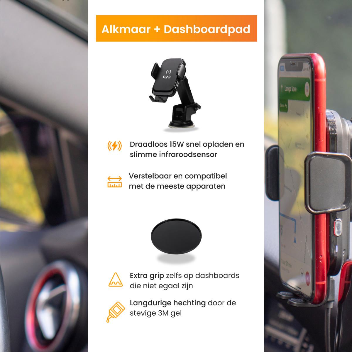 Ein Armaturenbrett mit Telefonhalter und Telefon, mit Text und Symbolen.