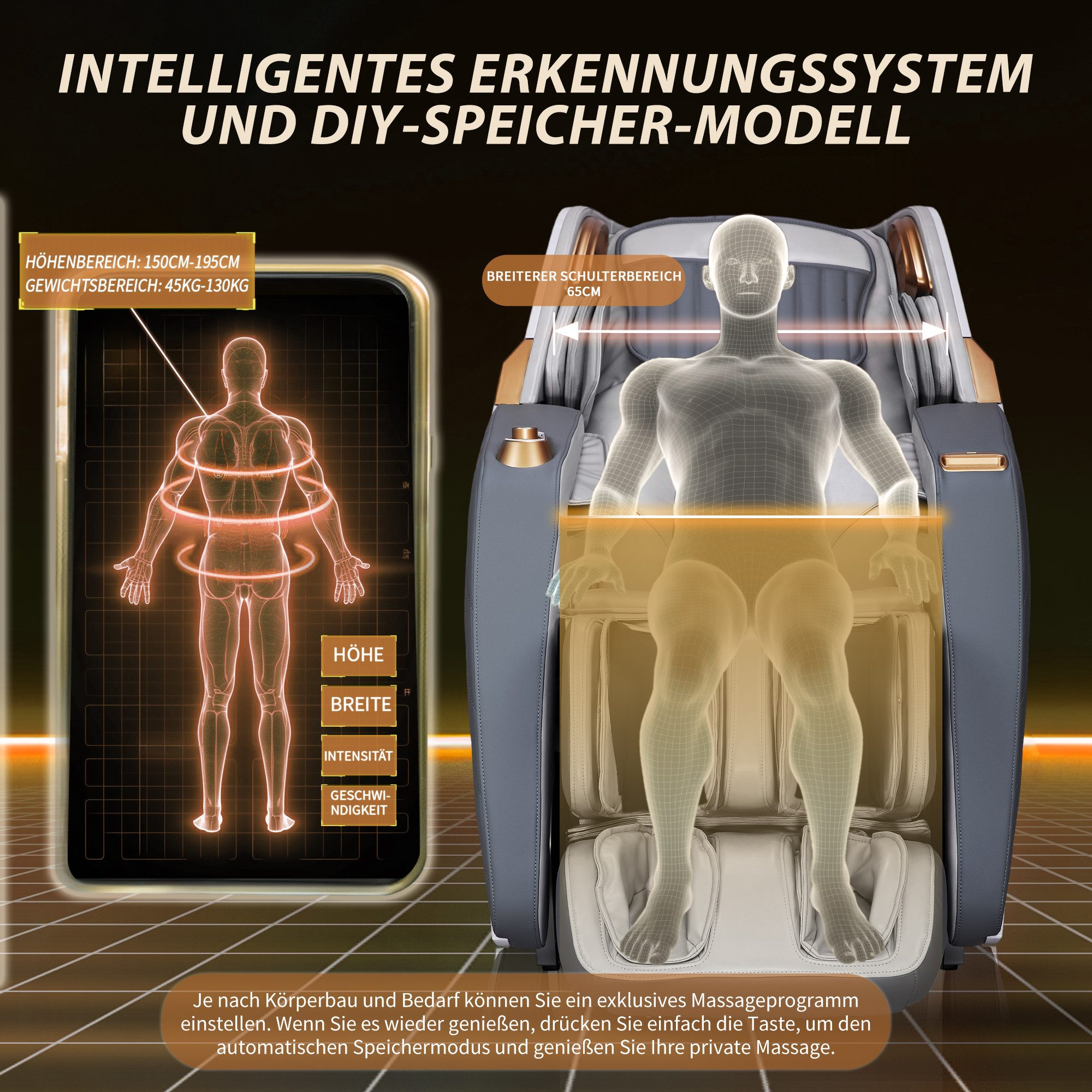 Ein Diagramm zeigt eine Person und ein Telefon. Text gibt Höhe, Breite, Intensität und Geschwindigkeit an.