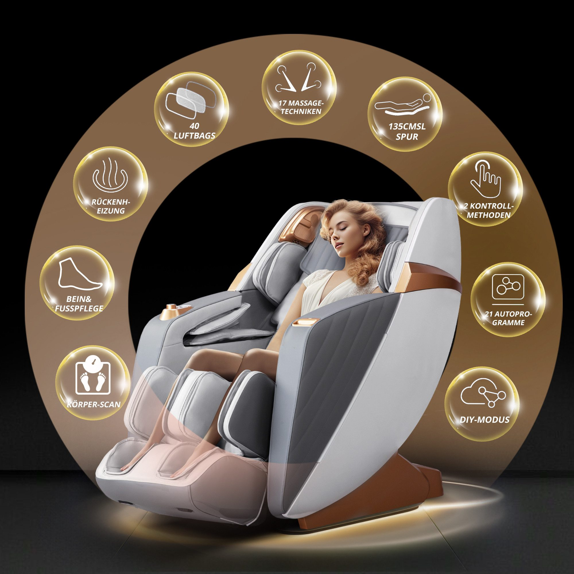 Eine Frau entspannt sich in einem Massagestuhl. Der Stuhl hat mehrere Funktionen, darunter Airbags, Bein- und Fußmassage.