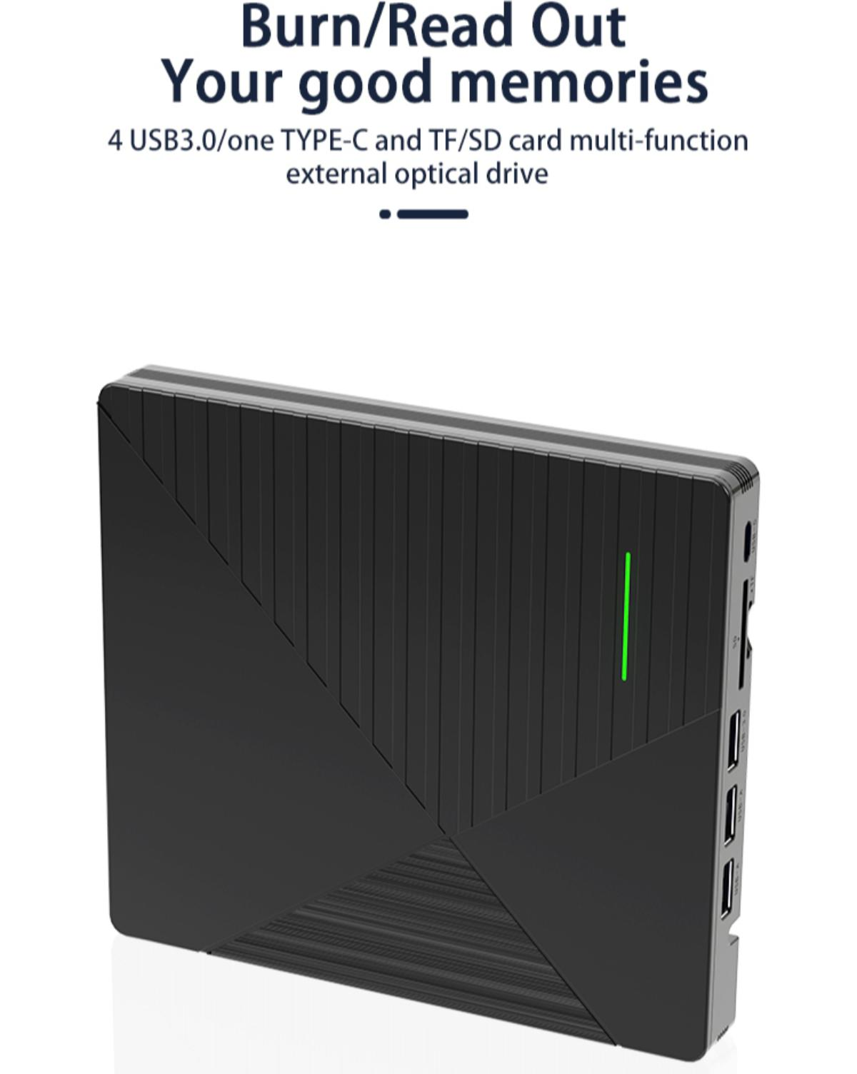 Schwarzes externes optisches Laufwerk mit 4 USB3.0-, einem TYPE-C- und TF/SD-Kartensteckplatz. Auf der Vorderseite befindet sich ein grünes Licht.