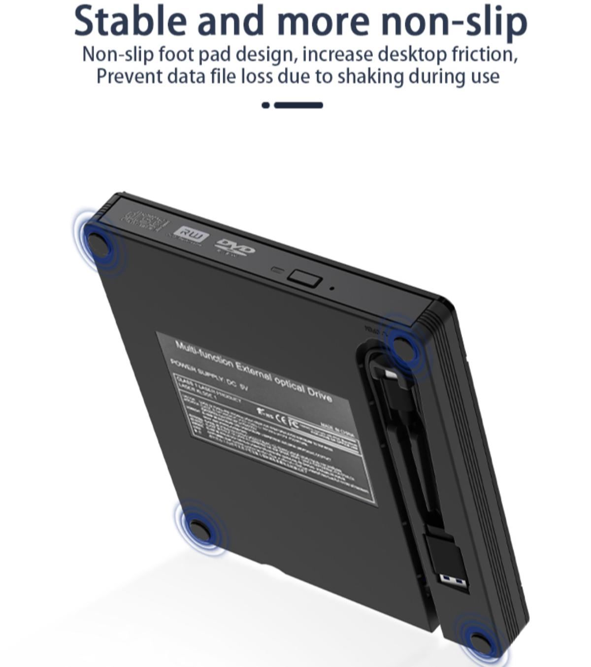 Ein schwarzes externes optisches Laufwerk mit der Aufschrift 'Multi-funktion External Optical Drive'.