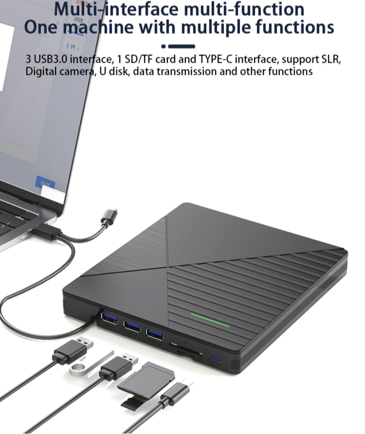 Ein schwarzes externes optisches Laufwerk, das mit einem Laptop verbunden ist, mit USB-Geräten und einem SD-Kartenleser. Das Gerät hat mehrere Funktionen.