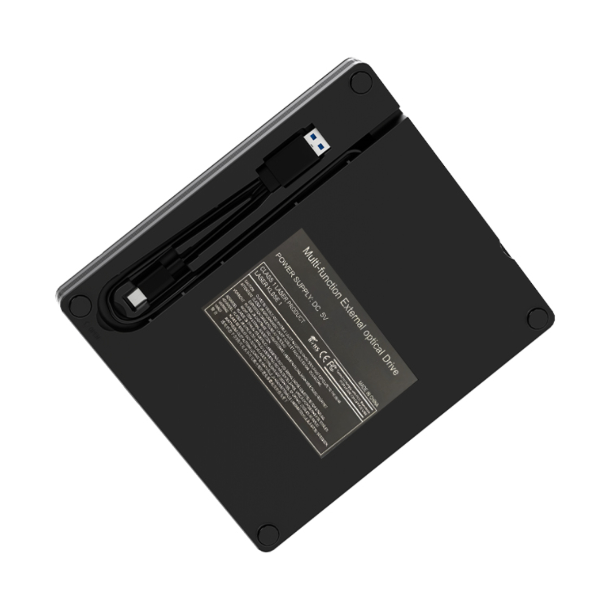 Schwarzes Multifunktions-externes optisches Laufwerk mit USB-Kabel, auf weißem Hintergrund.