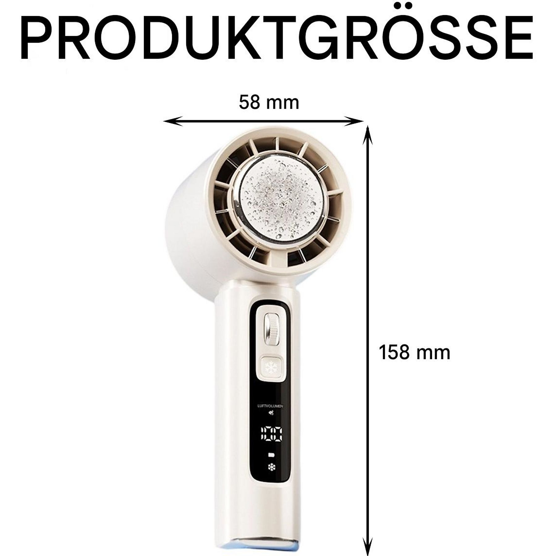 Weißer Handventilator mit Drehregler und Digitalanzeige. Abmessungen sind beschriftet: 58 mm Breite, 158 mm Höhe.