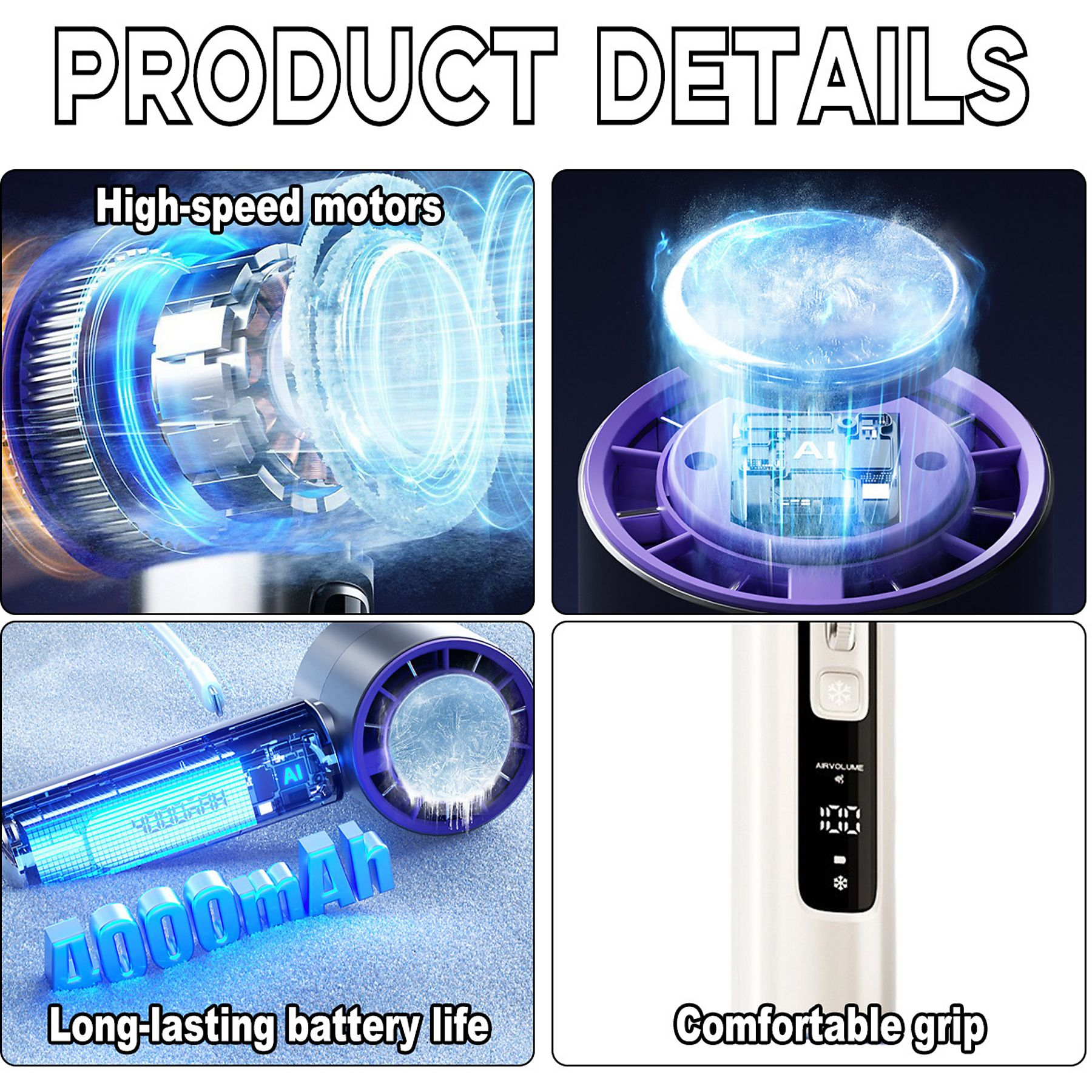 Produktdetails: Hochgeschwindigkeitsmotoren, Innenstruktur eines Lüfters, ein Akku und ein Griff.