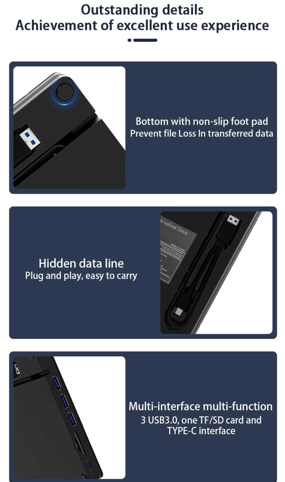 Nahaufnahmen eines schwarzen externen optischen Laufwerks mit USB- und SD-Karten-Schnittstellen und einem USB-Kabelanschluss.