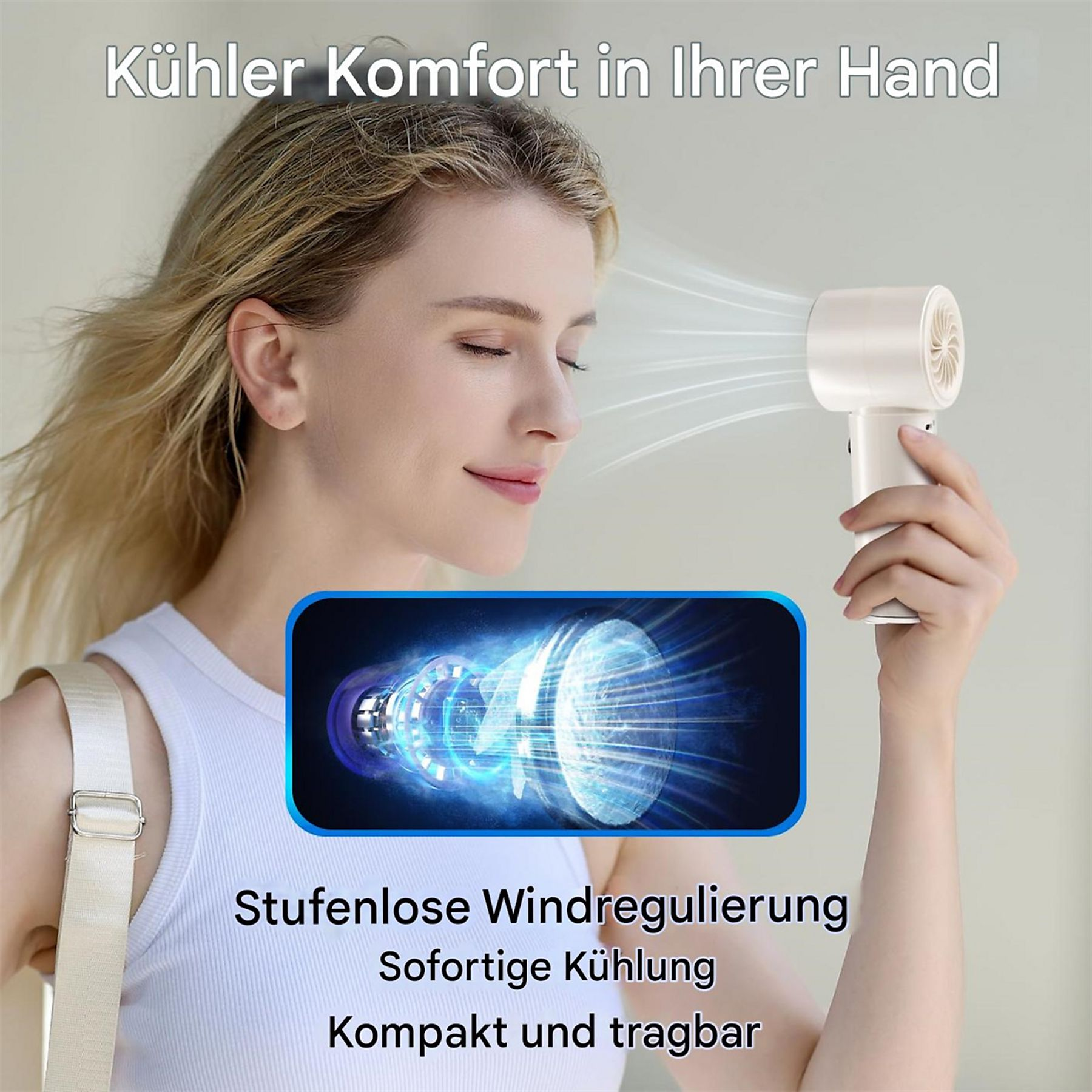 Eine Frau hält einen kleinen weißen Ventilator, mit Text über Windregulierung und Kühlung.