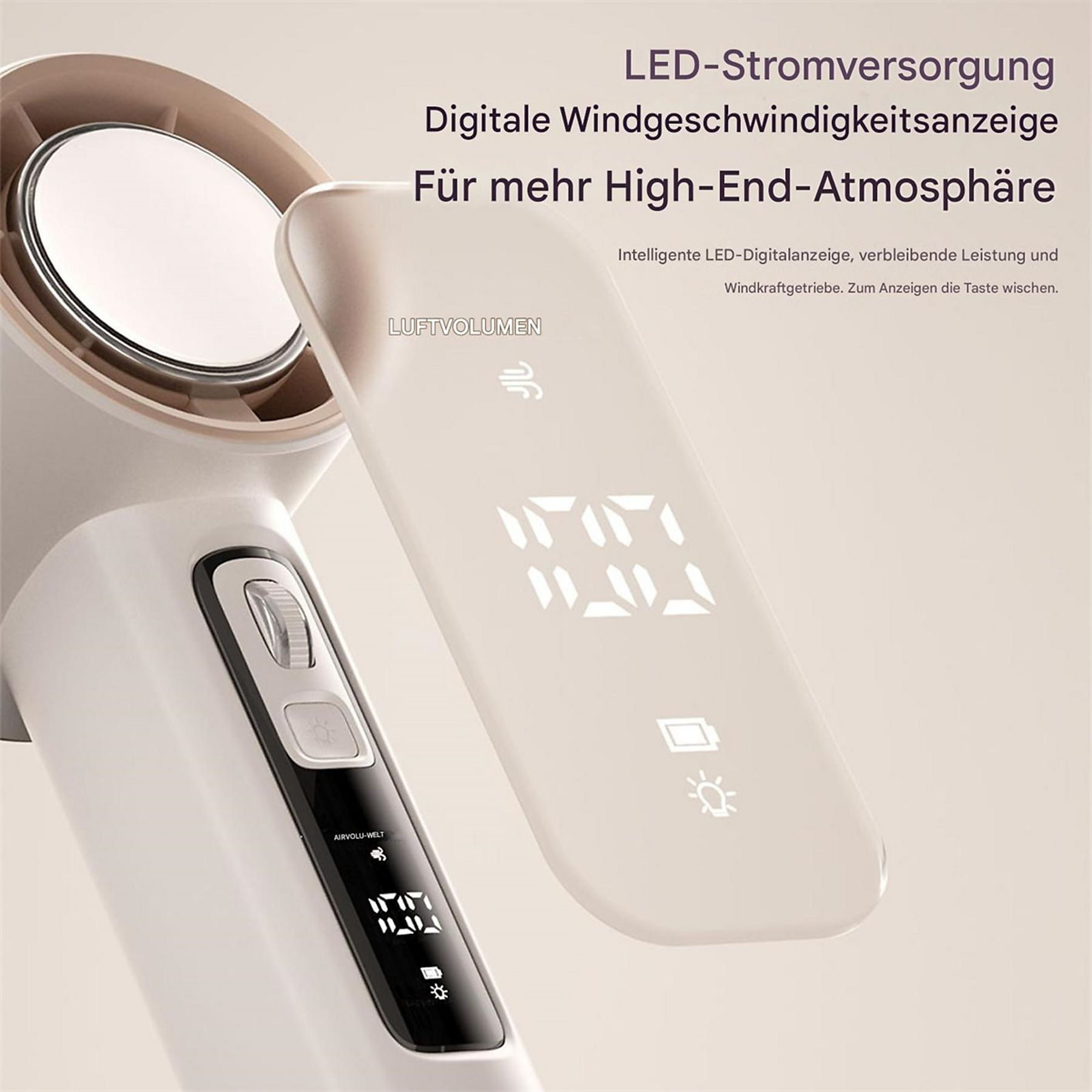Nahaufnahme des Displays eines Ventilators mit digitaler Windgeschwindigkeit und Text über LED und Windgeschwindigkeit.