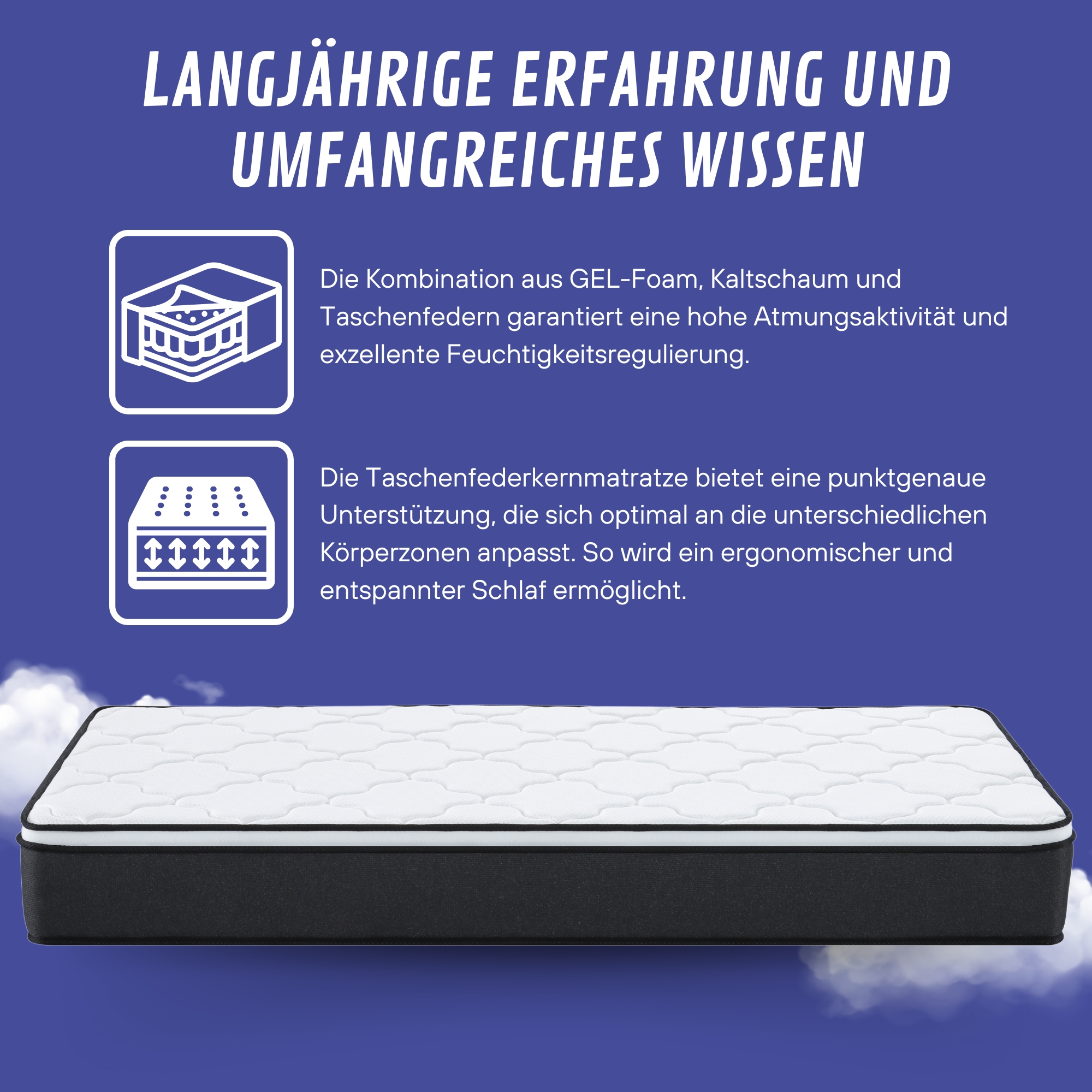 Eine Matratze mit Text über die Kombination aus Gelschaum, Kaltschaum und Taschenfedern. Sie sorgt für hohe Atmungsaktivität.