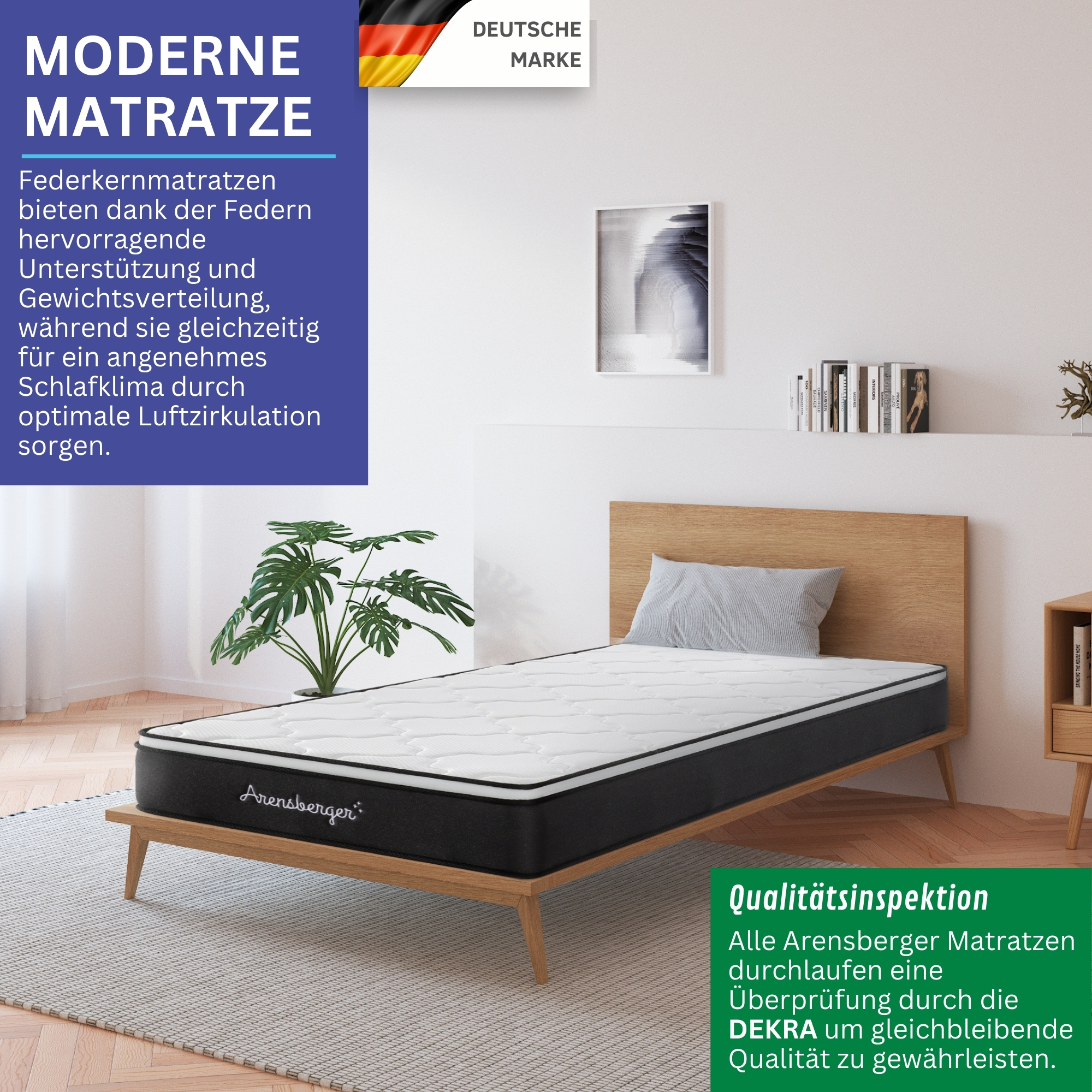 Ein Bett mit einer Matratze, mit Text über Matratzeneigenschaften und eine Qualitätsprüfung.