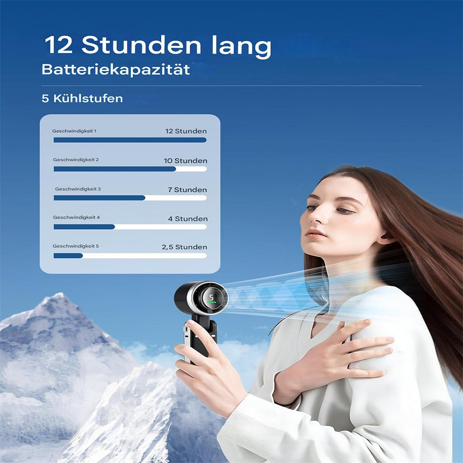 Eine Frau hält einen Ventilator, mit einer Tabelle, die Kühlstufen und Zeitdauern zeigt.