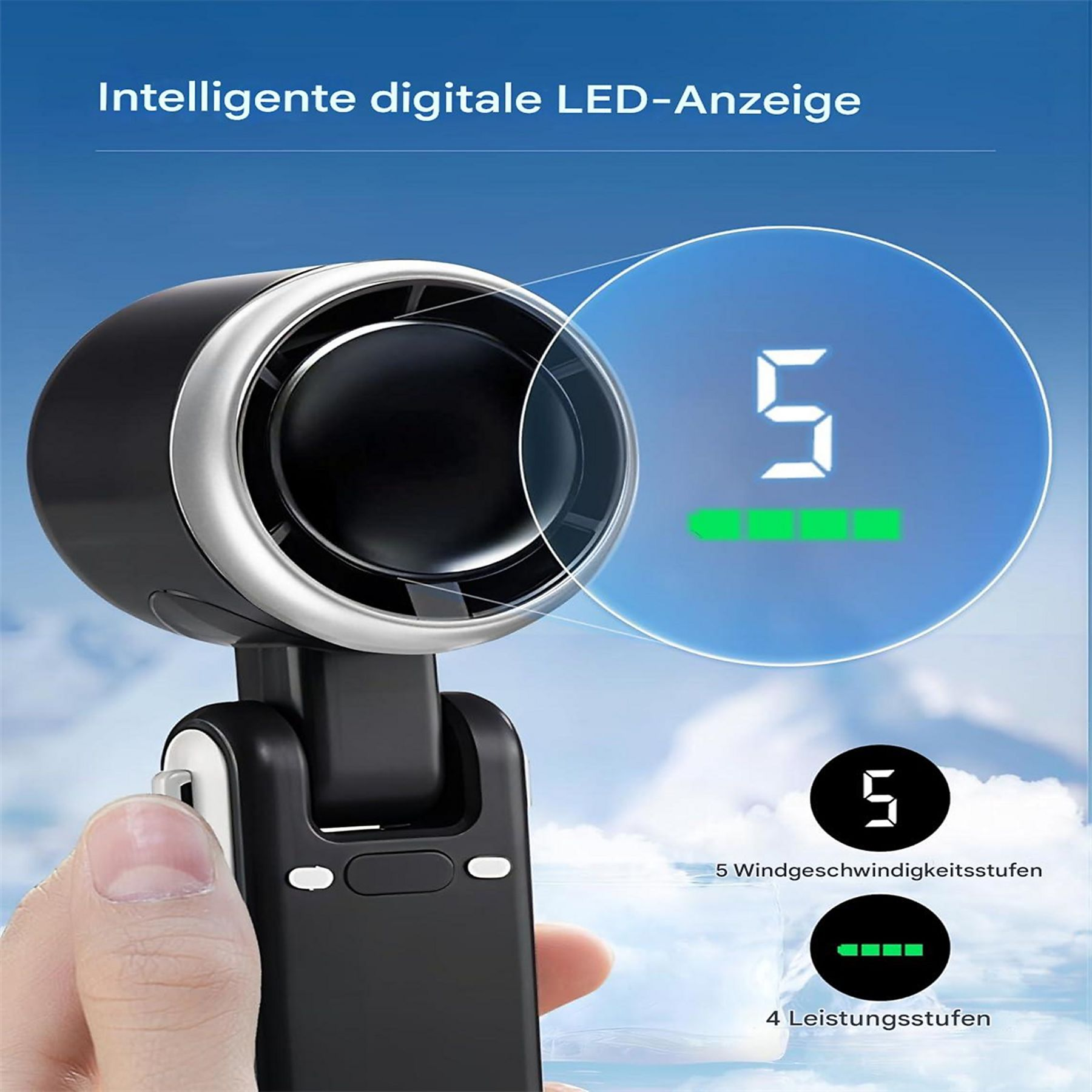 Nahaufnahme eines Ventilators mit Anzeige, die Zahlen zeigt, in der Hand einer Person.