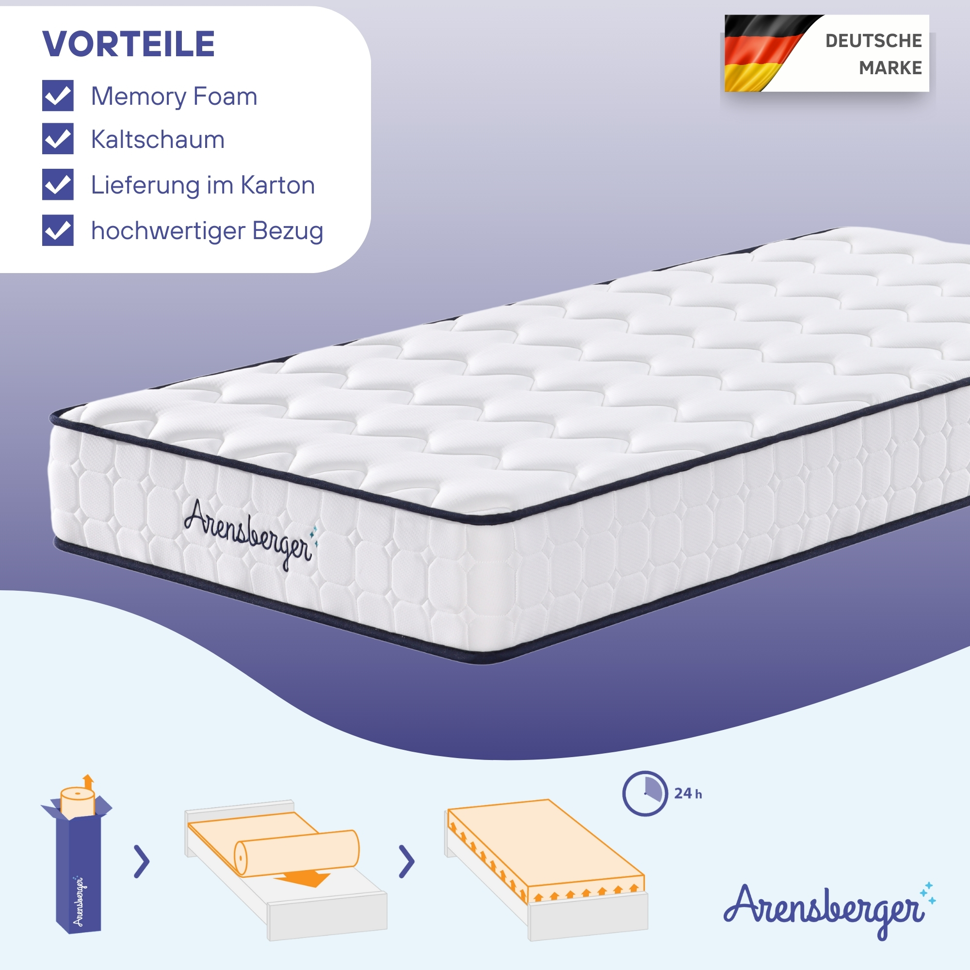 Eine Matratze mit Text zu Vorteilen, einschließlich Memory-Foam, Kaltschaum und Lieferung im Karton. Deutsche Flagge.