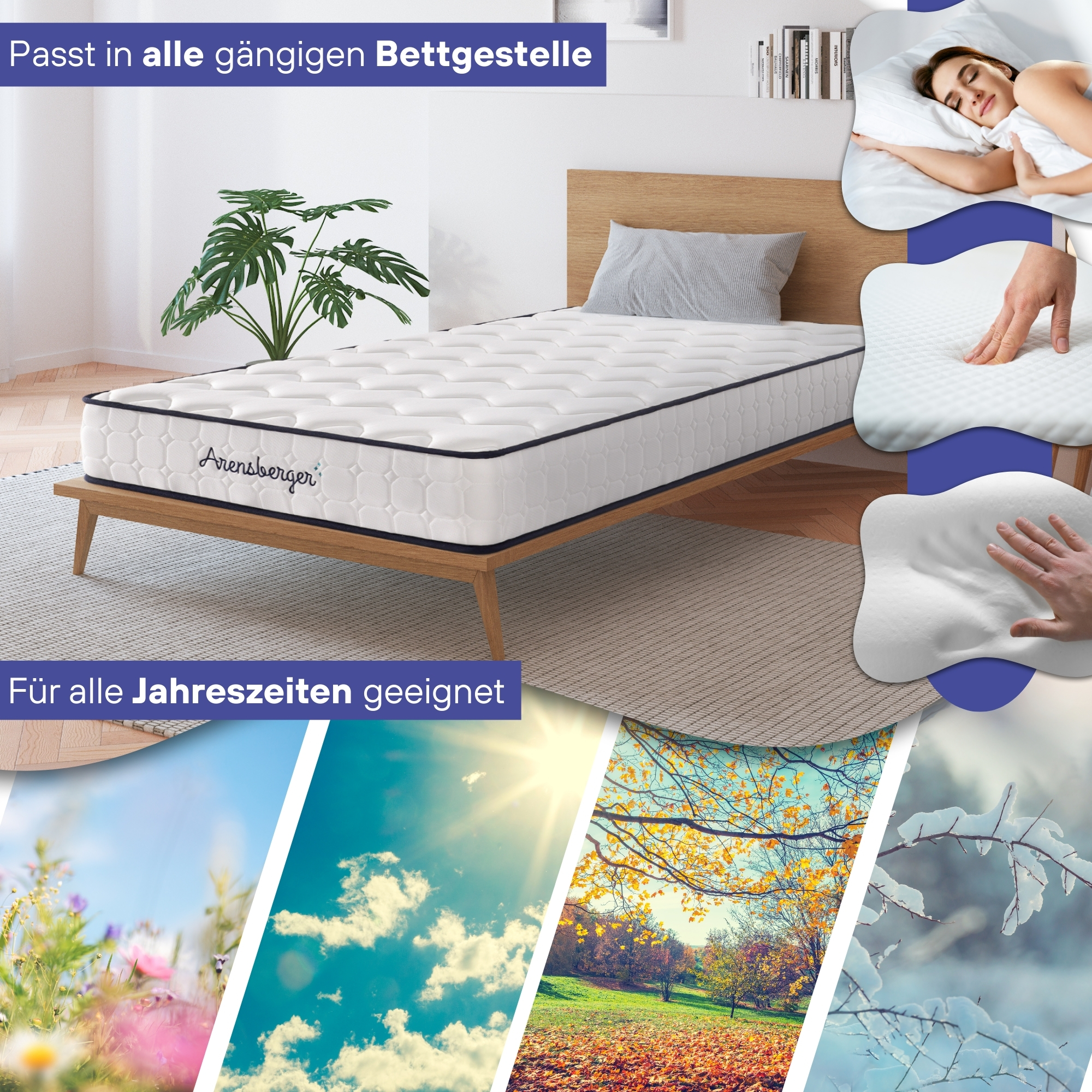 Eine Matratze auf einem Holzrahmen, mit Bildern, die verschiedene Jahreszeiten zeigen. Text: Für alle Jahreszeiten geeignet. Passt in alle Betten.