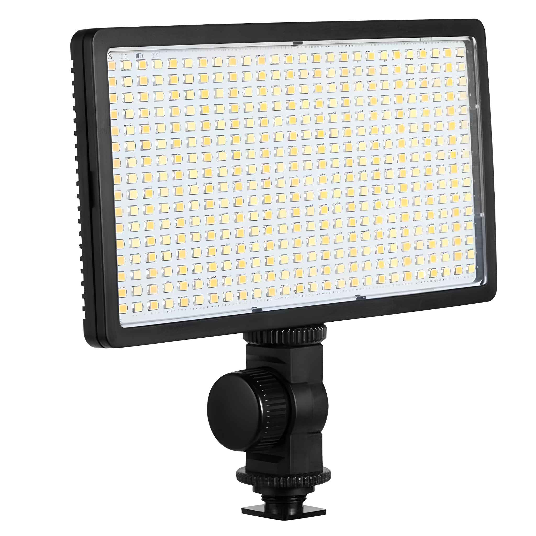 Eine schwarze LED-Panel-Leuchte mit verstellbarem Ständer ist eingeschaltet. Das Licht ist rechteckig mit vielen kleinen LEDs.