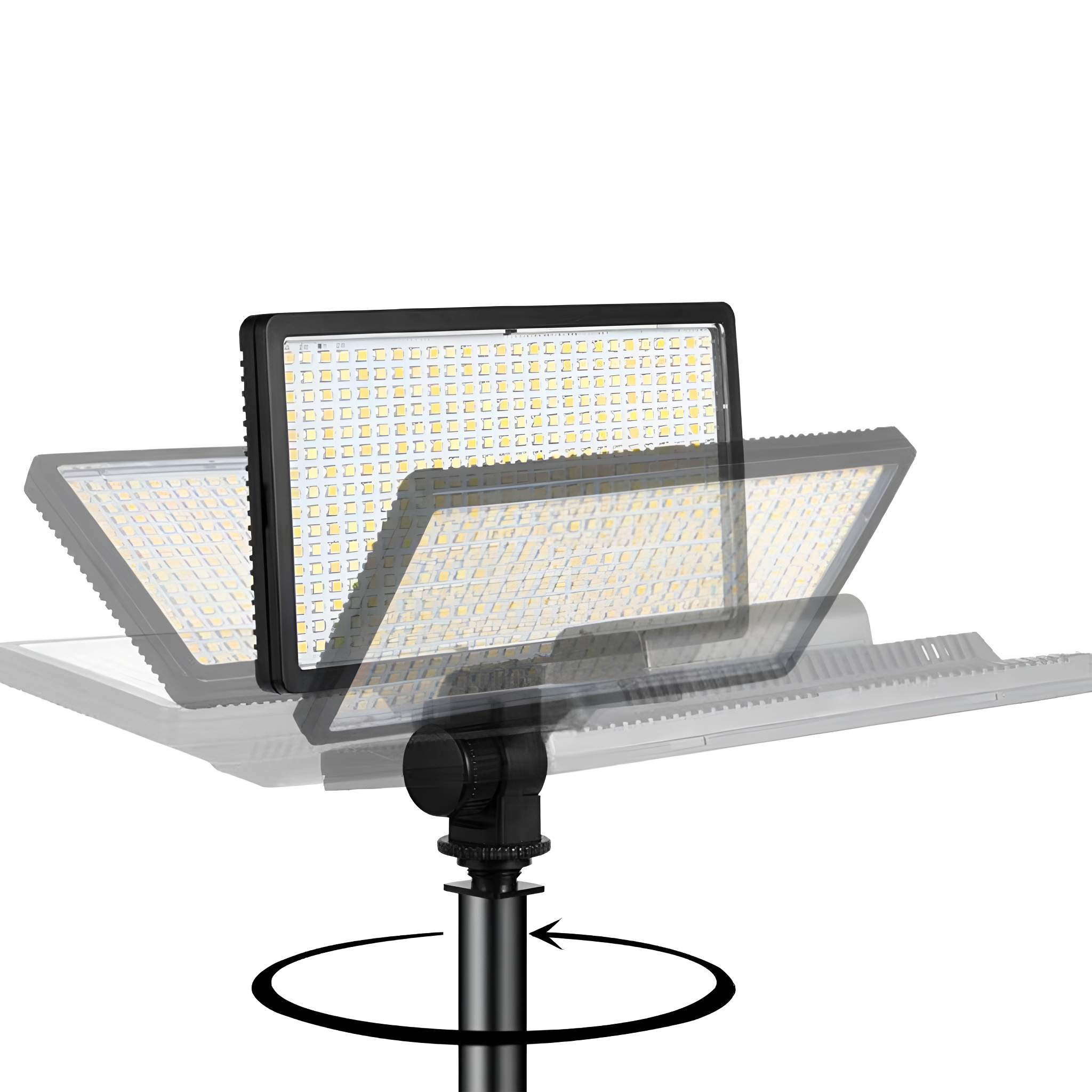 Schwarzes LED-Lichtpanel auf einem Ständer, das sich dreht, um die Lichtpaneele aus verschiedenen Winkeln zu zeigen.