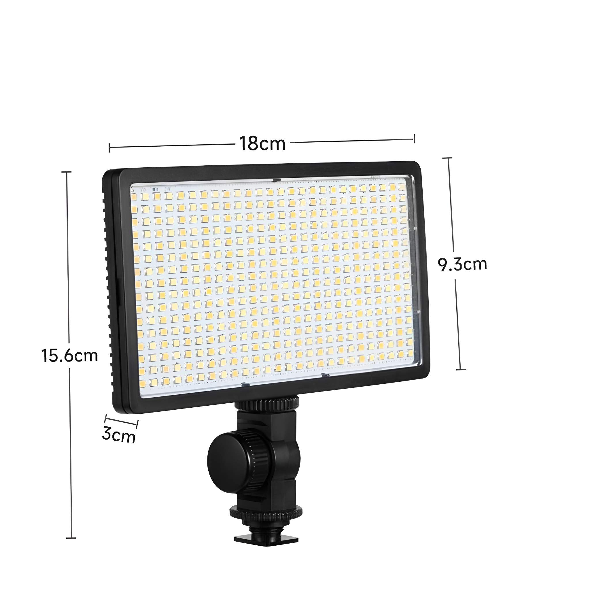 LED-Lichtpanel mit Maßen, schwarzer Rahmen und Halterung. Abmessungen: 18cm x 15,6cm x 3cm und 9,3cm.