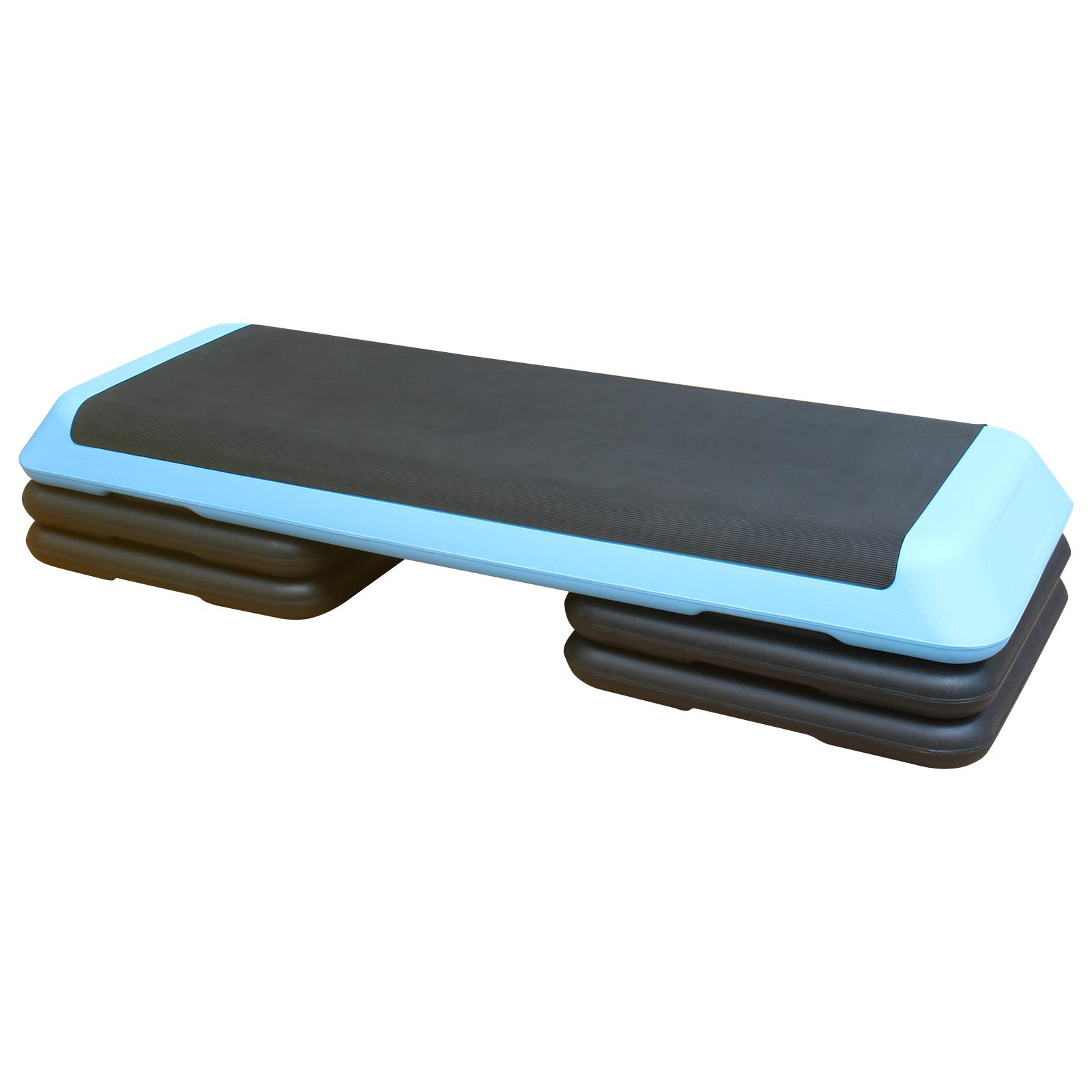 Aerobic-Step-Plattform, schwarz und blau, rechteckige Form.