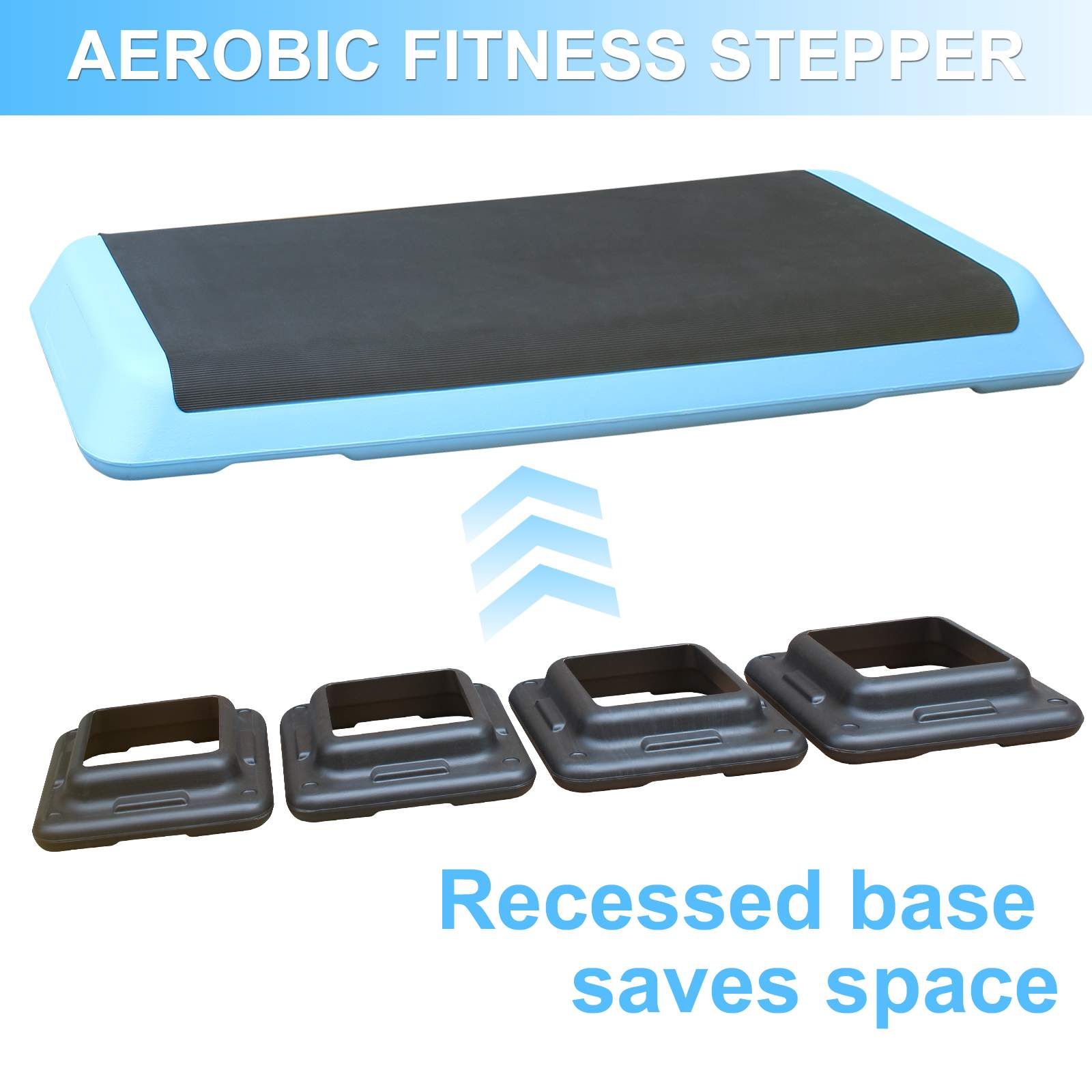 Blaues Stepp-Podest mit schwarzer Oberseite und drei schwarzen Erhöhungen. Text: "Aerobic Fitness Stepper".