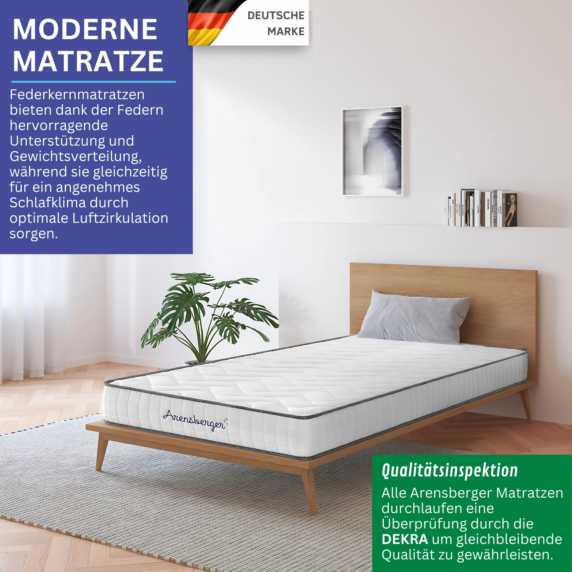 Ein Bett mit Matratze und Kopfteil, sowie Text über die Marke.