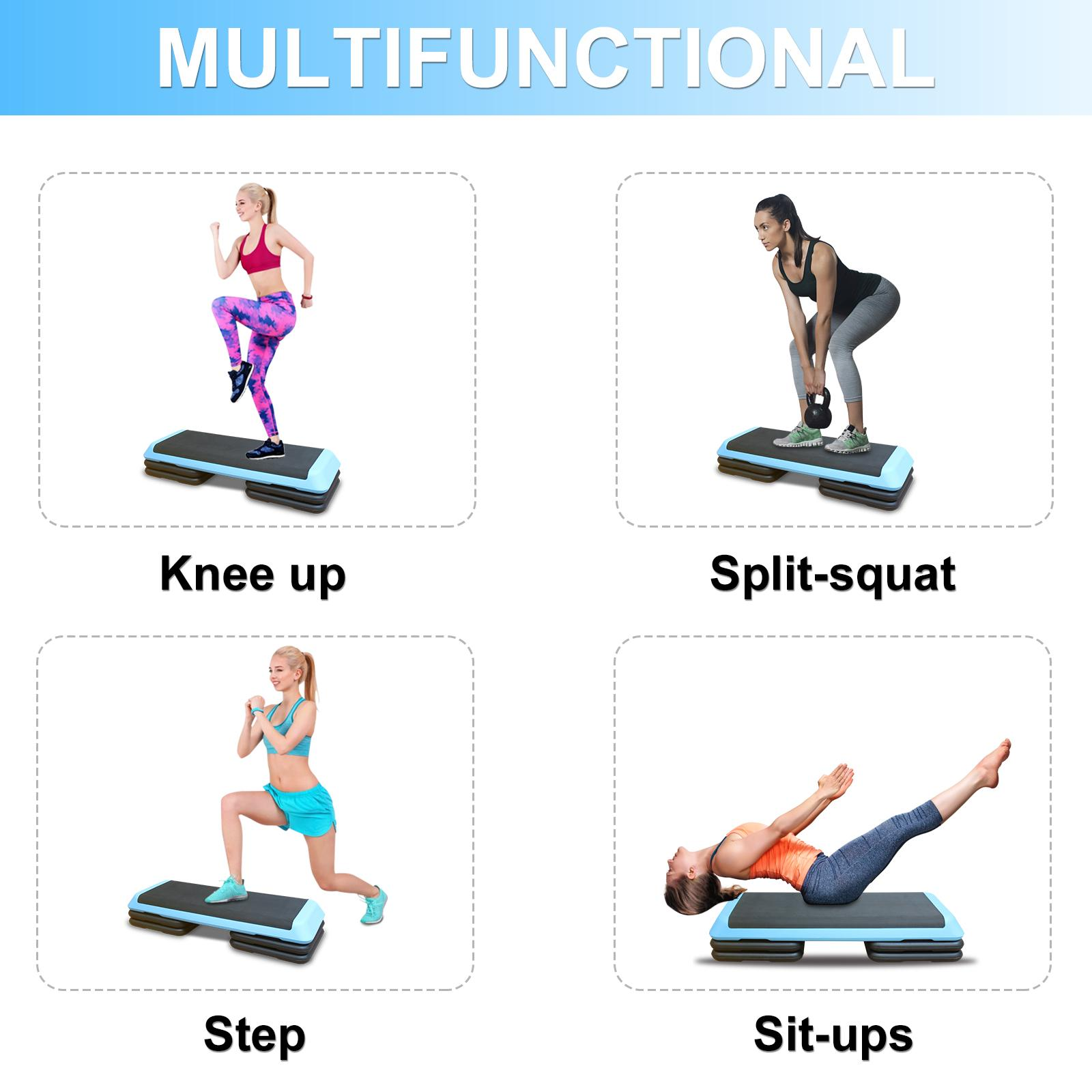Vier Bilder, die Übungen auf einer Trittplattform zeigen: Kniebeugen, Split-Squat, Step und Sit-ups.