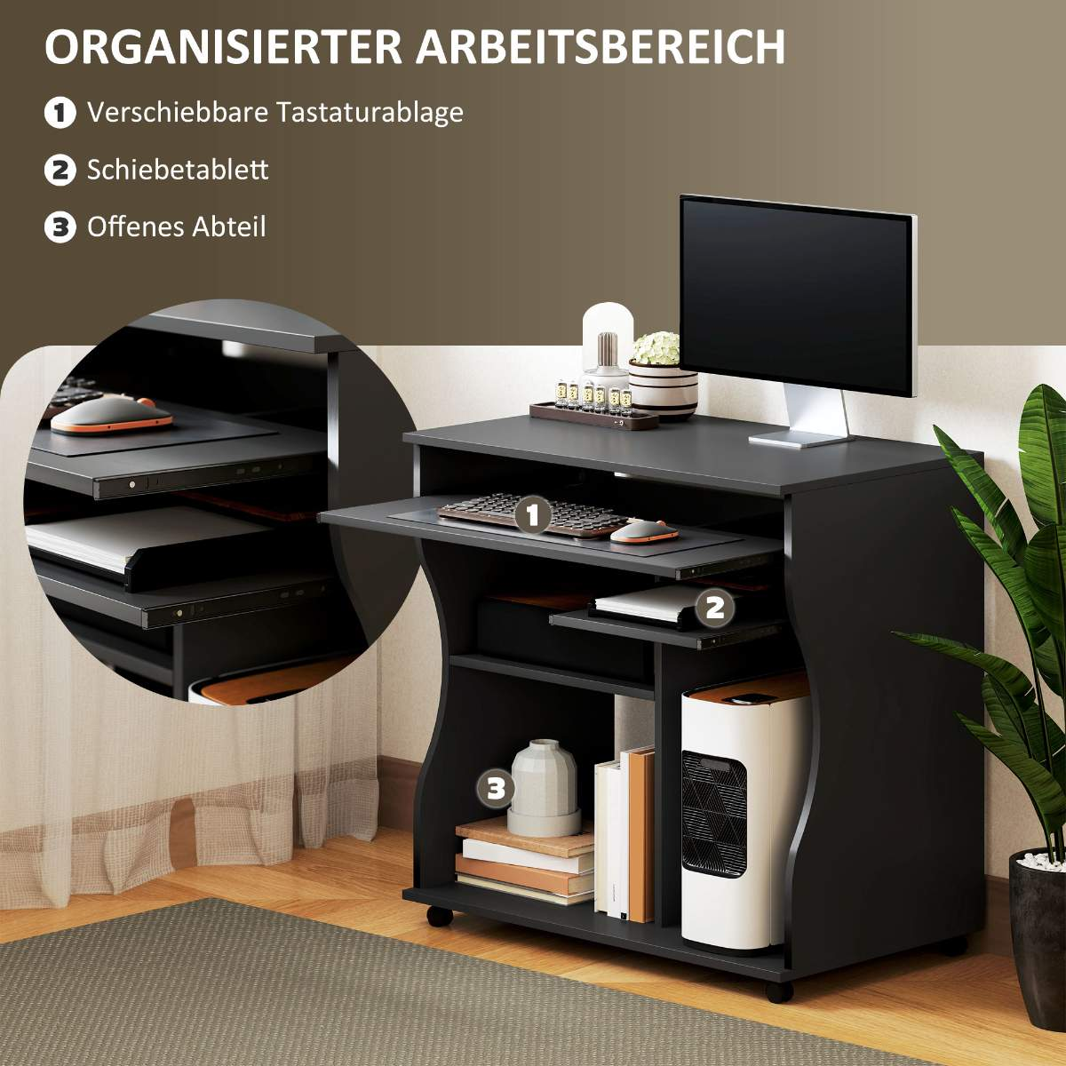 Schwarzer Computertisch mit Monitor, Tastatur und verschiedenen Büroartikeln.