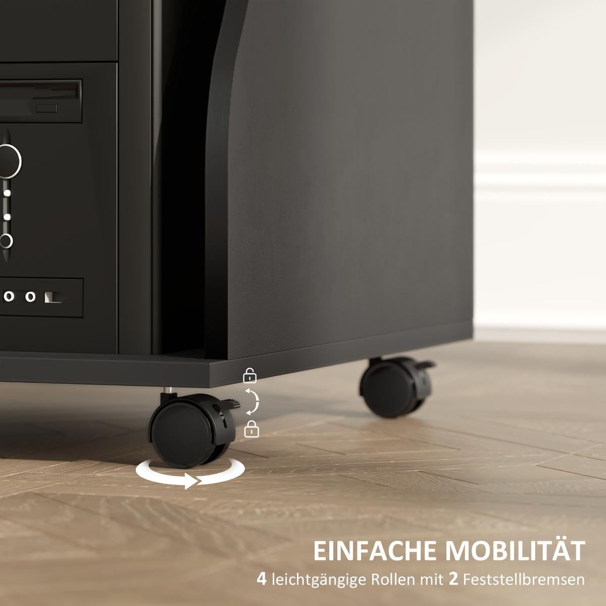 Schwarzer Schrank mit Computerkomponenten. Räder sind für Mobilität gezeigt.