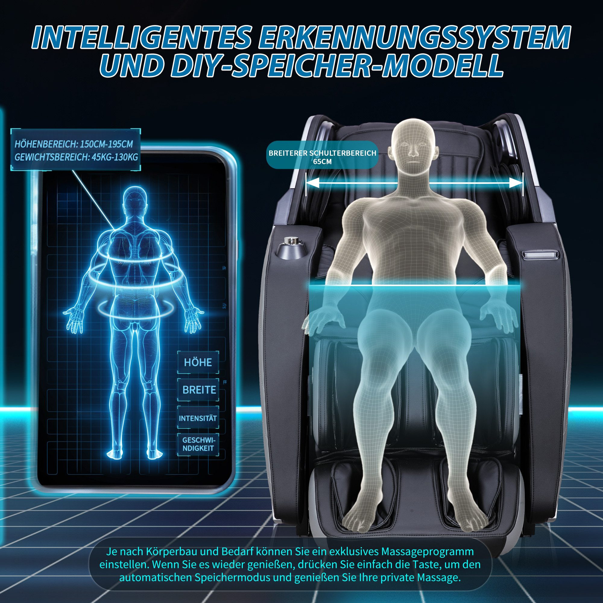Ein Massagestuhl mit Umrissen einer Person. Ein Telefon zeigt Körpermetriken.