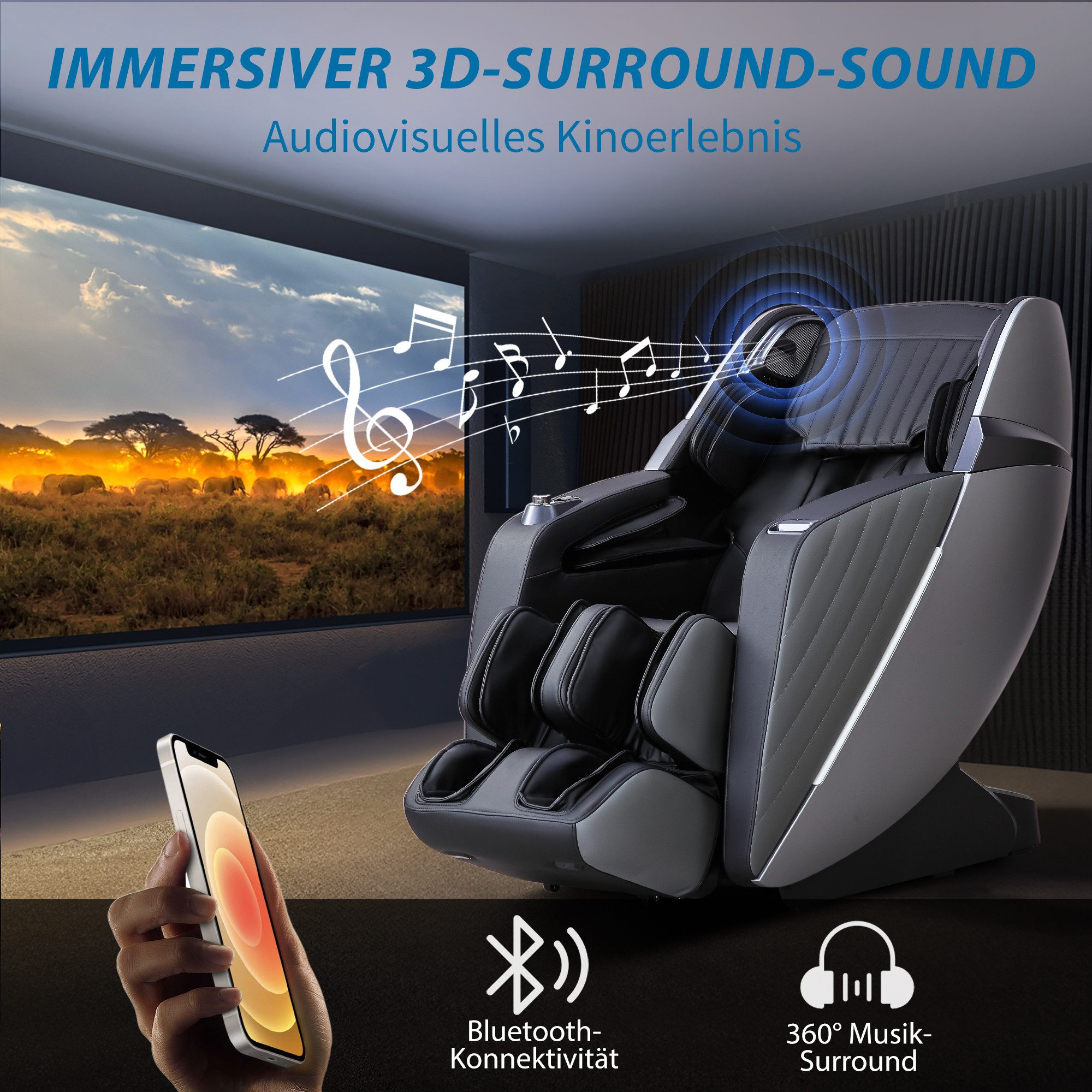 Grauer Massagesessel mit Telefon, Noten und Text 'Immersiver 3D-Surround-Sound'. Innenszene.